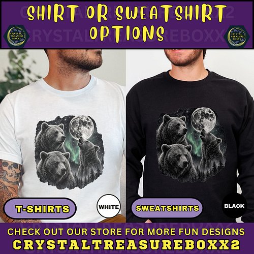 Celebrate the untamed beauty of the wilderness with this stunning Grizzly Bear Moon design featuring three majestic bears ben...