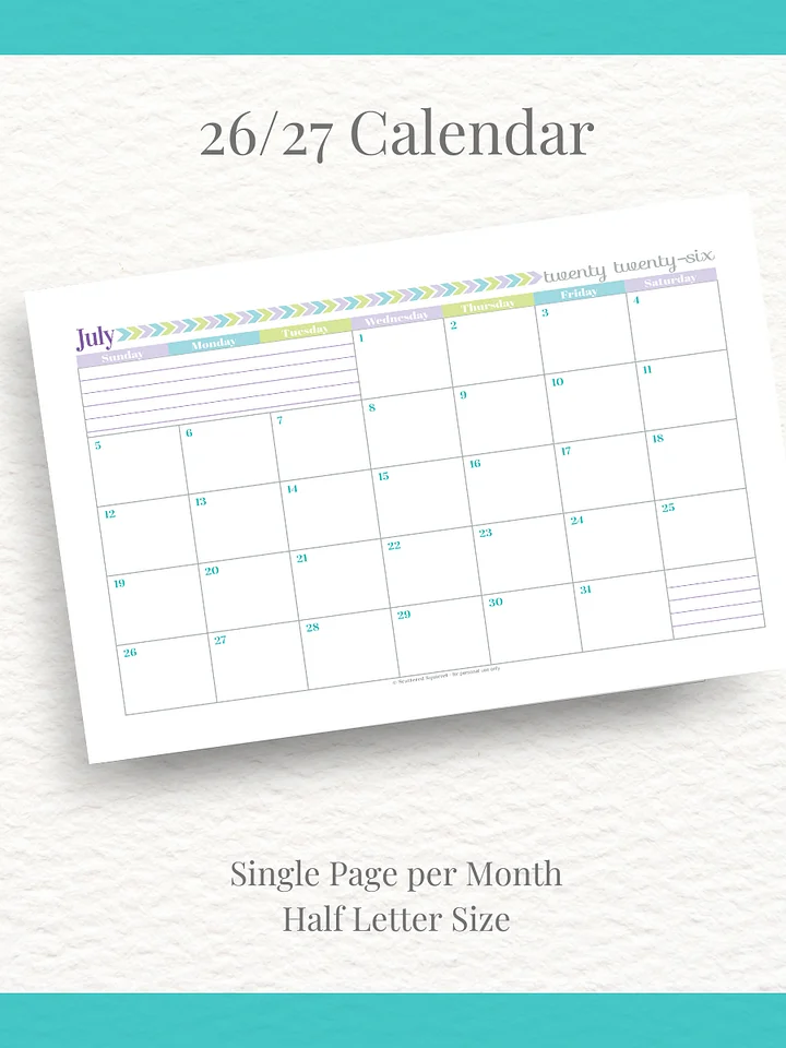 Pretty in Pastel- 26/27 Calendar - Single Page per Month - Half Letter Size product image (1)
