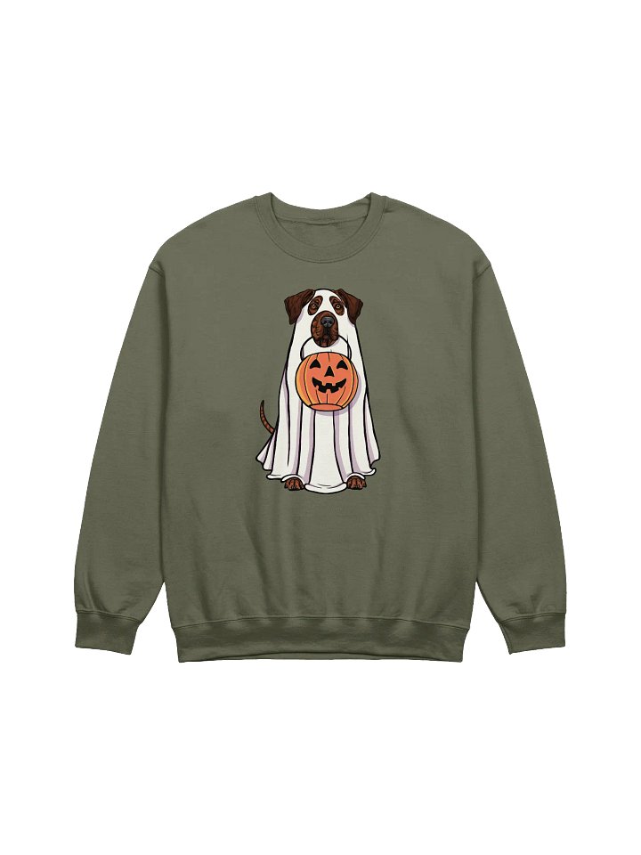 Funny Halloween Rhodesian Ridgeback(Brindle) Sweatshirt | Funny Dog Wearing a Ghost Costume and Holding a Pumpkin Basket product image (1)