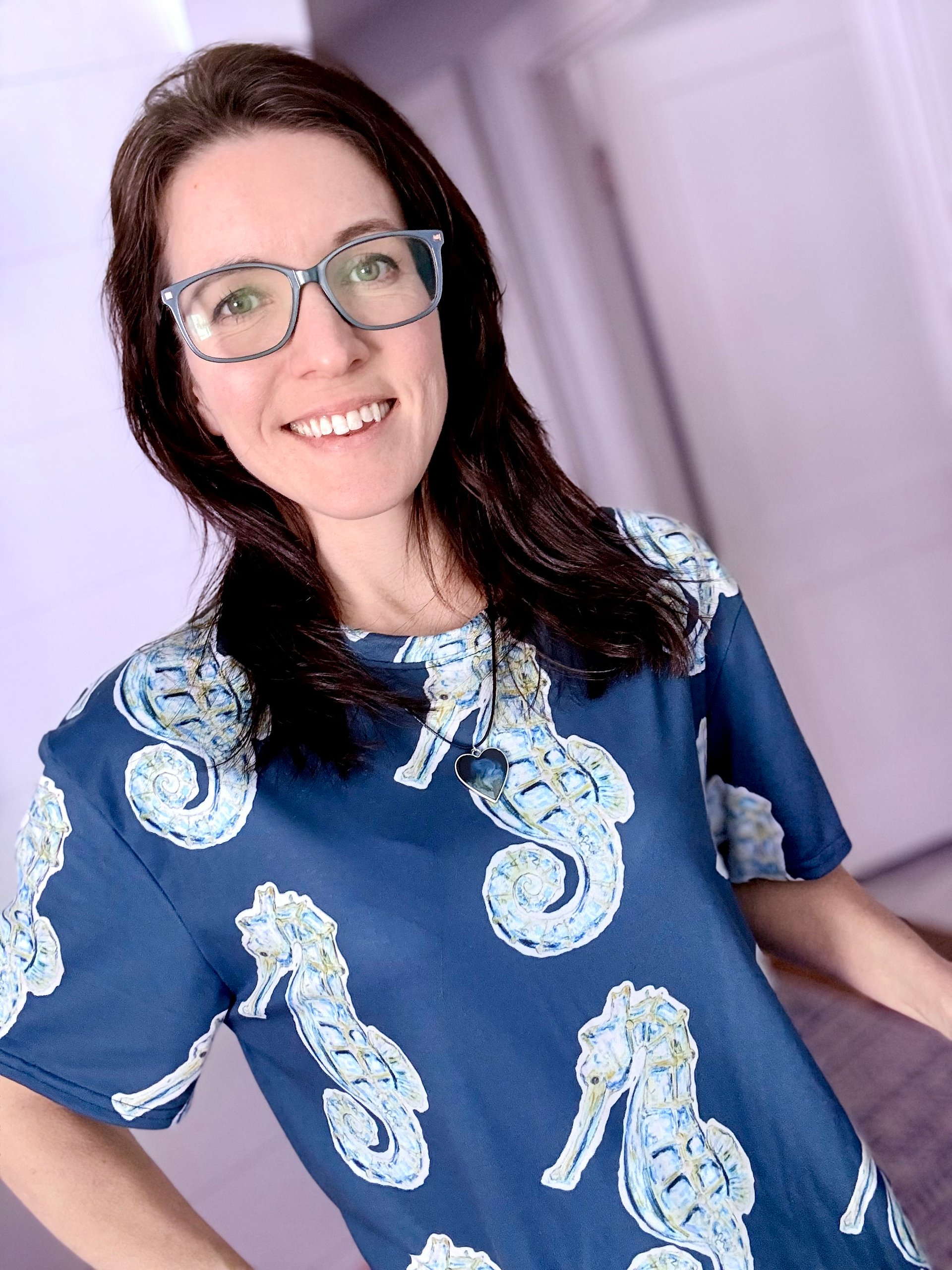 Ocean Majesty | Painted Seahorse | T-Shirt Dress | Coastal Oversized Dress | Ocean-Inspired Casual Style | Blue Whale Background product image (3)