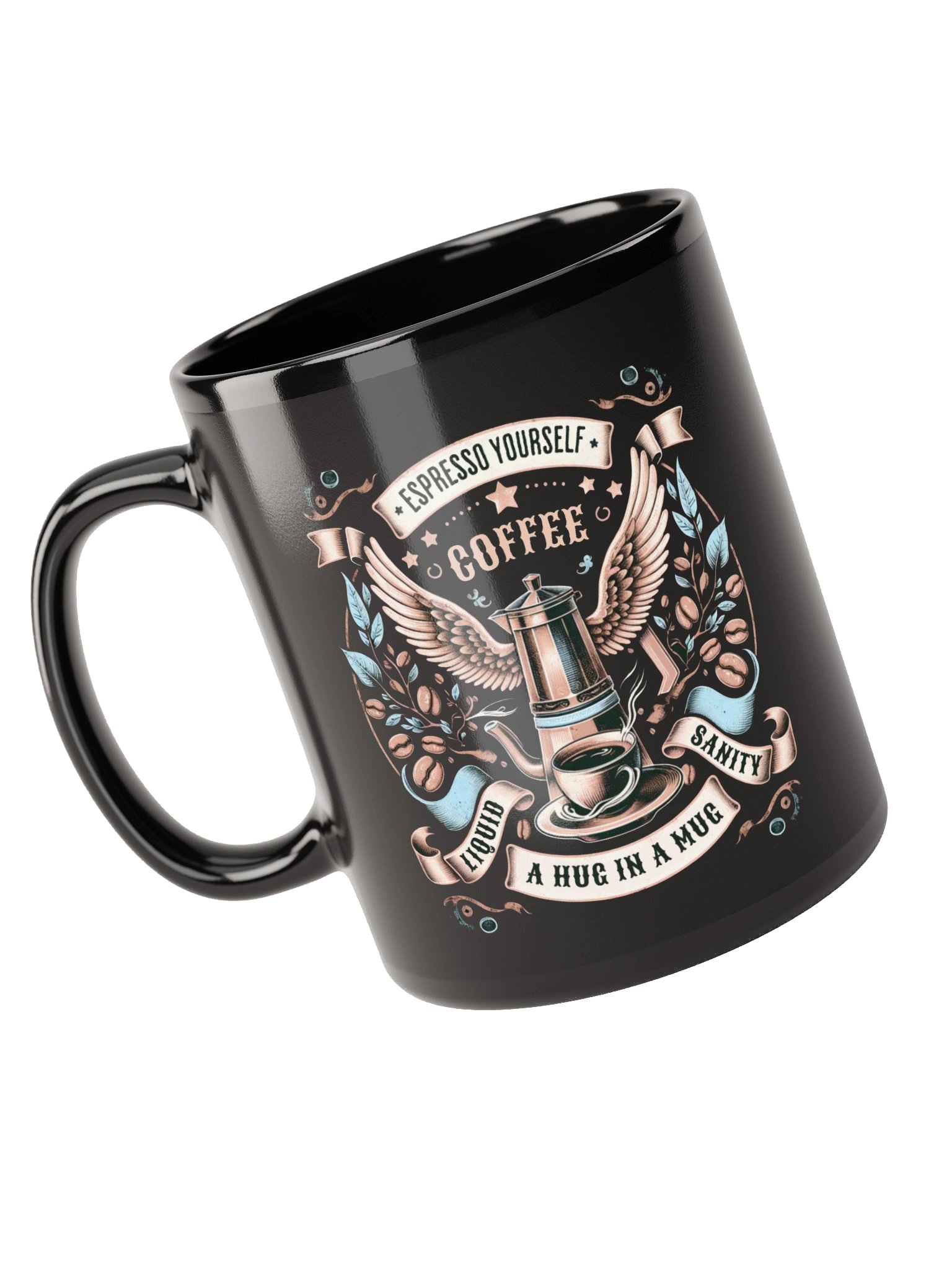 Espresso Yourself Coffee Mug Vintage Moka Pot & Wings Design product image (3)