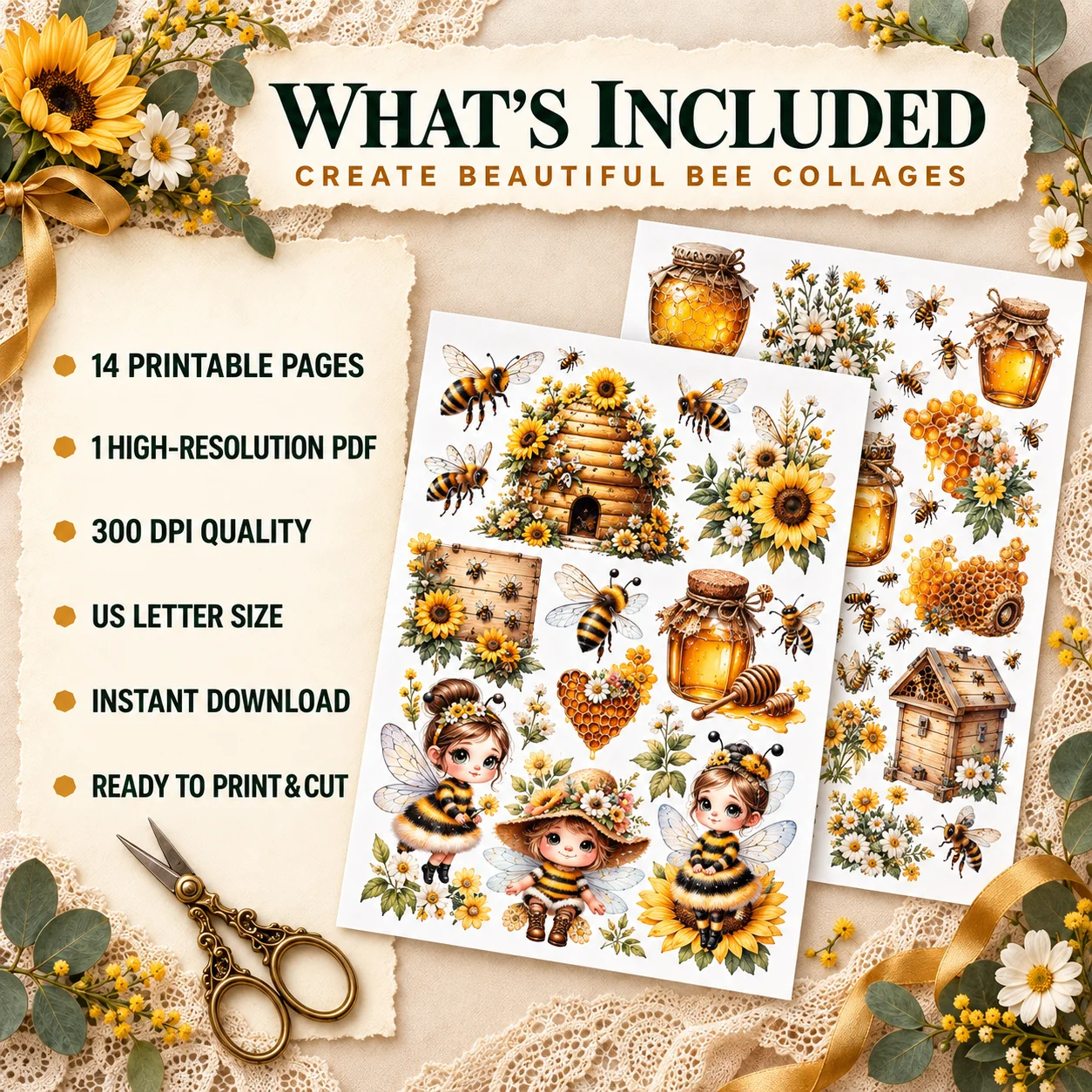 Vintage Bee & Honey Ephemera Printable PDF – 12 Junk Journal Collage Pages product image (2)