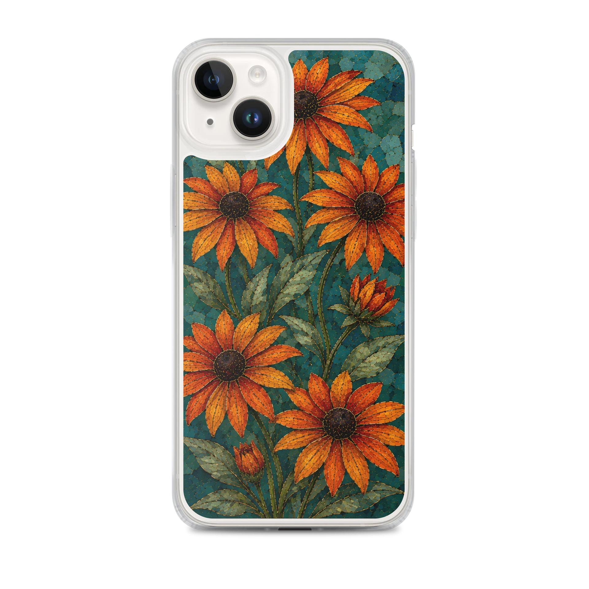 Copper Orange And Teal Wild Black-Eyed Susans Mosaic Premium Soft Silicone iPhone Case - MagSafe Compatible product image (1)