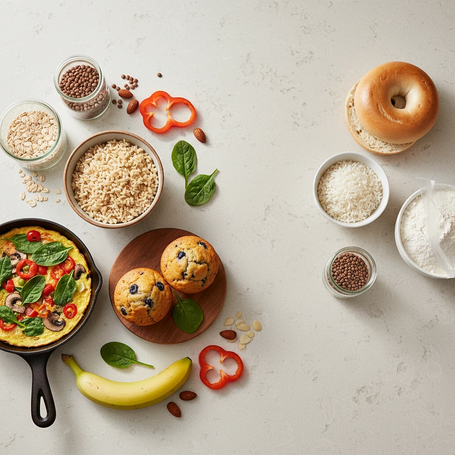 Flat lay showcasing 5 simple PCOS diet swaps for clear skin and hormonal balance. Healthy food options like a colorful veggie omelet, brown rice, almond flour muffins, oats, and green-tipped bananas are featured alongside foods to swap from, such as a bagel, white rice, and wheat flour, illustrating effective dietary changes for insulin resistance and PCOS symptom management.