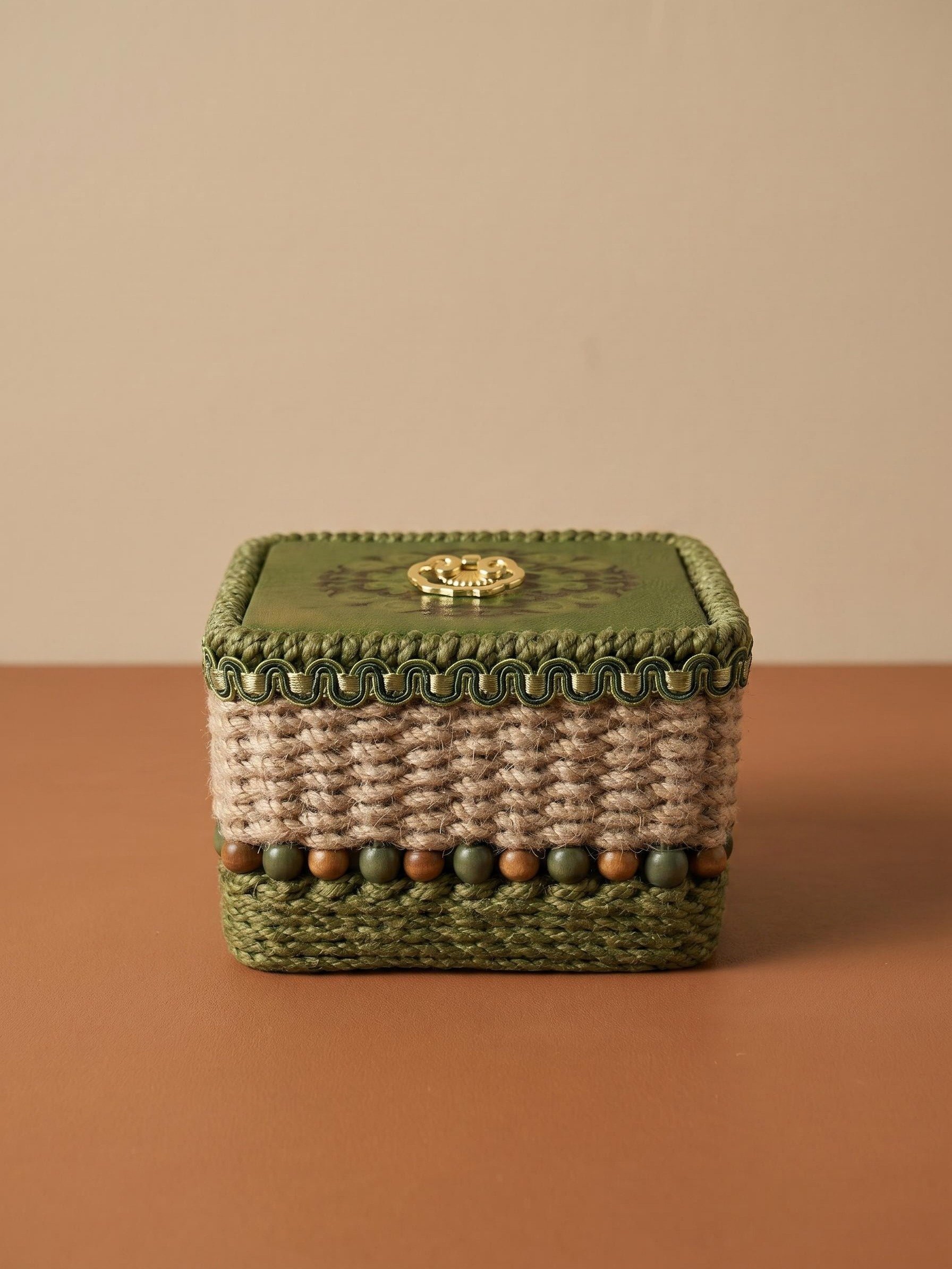 Handwoven Tibetan Soma Basket with Silk Su Embroidery | Eco-Friendly Jute Keepsake Box product image (1)