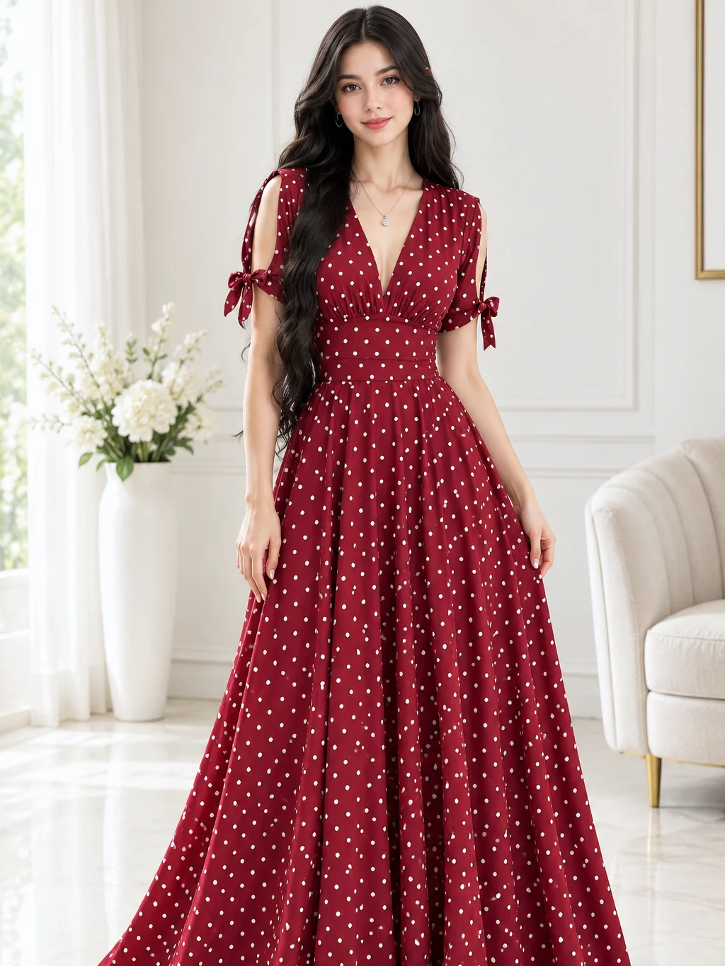 Celisse Women's Deep V-Neck Polka Dot Casual Romantic 1950s Vintage Party Vacation Travel Dress White Polka Dot Summer product image (1)