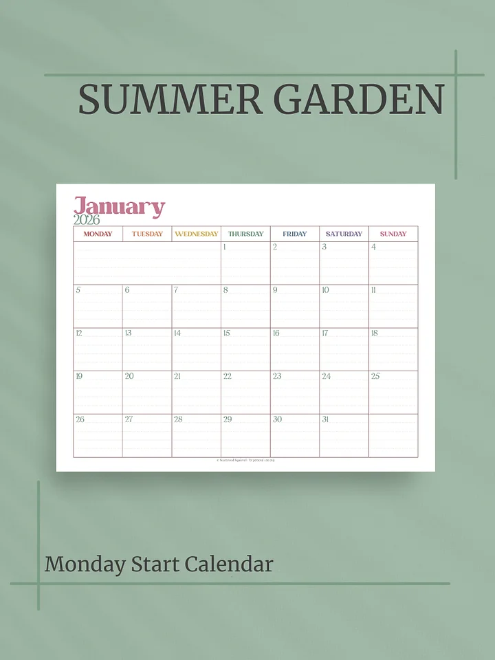 Summer Garden 2026 Calendar - Single Page per Month, Monday Start, Letter Size product image (1)
