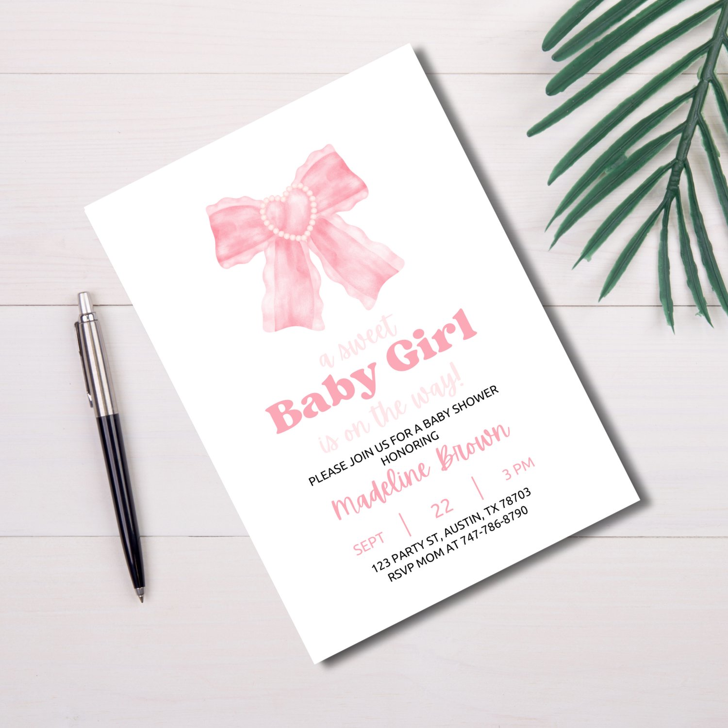 Baby Girl Shower Invitation Template – Canva Editable Ribbon and Lace Invite product image (2)