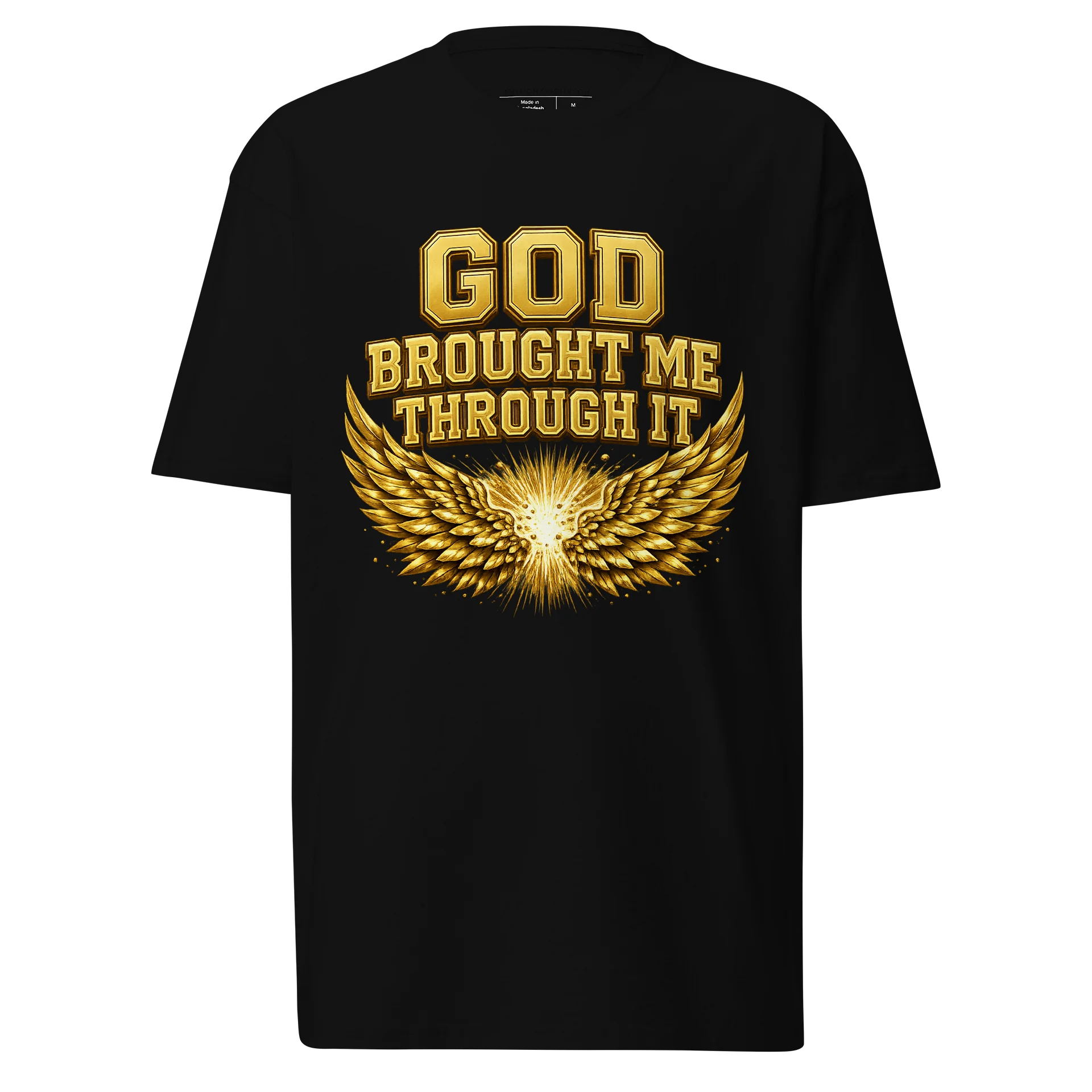 God Brought Me Through It Black Tee — Gold Wings Edition product image (1)