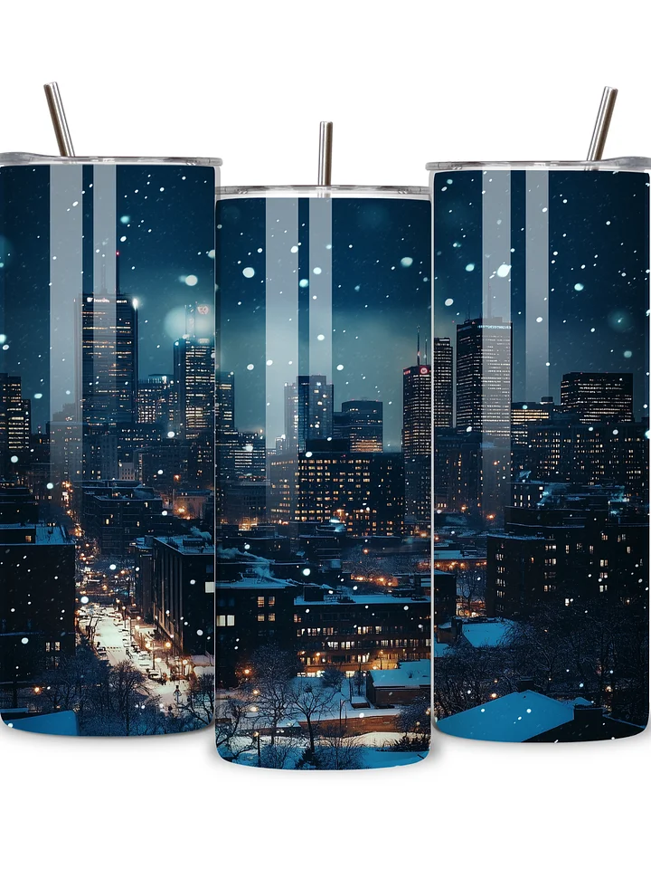 Winter City Skyline 20oz Skinny Tumbler with Metal Straw – Elegant Snowfall and Urban Design – Double-Walled Insulated Stainless Steel Tumbler, Great for City and Winter Lovers product image (2)
