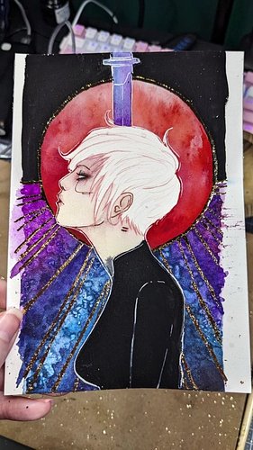 Traditional watercolour colour layout/thumbnail for an upcoming Cyberpunk Tarot painting!  Trying to do these more often this...