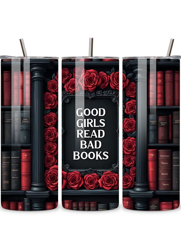 Goth 20oz Skinny Tumbler with Metal Straw – Elegant Red Rose and Library Design – Double-Walled Insulated Stainless Steel Tumbler for Hot & Cold Drinks, Gift for Goth Book Lover product image (1)