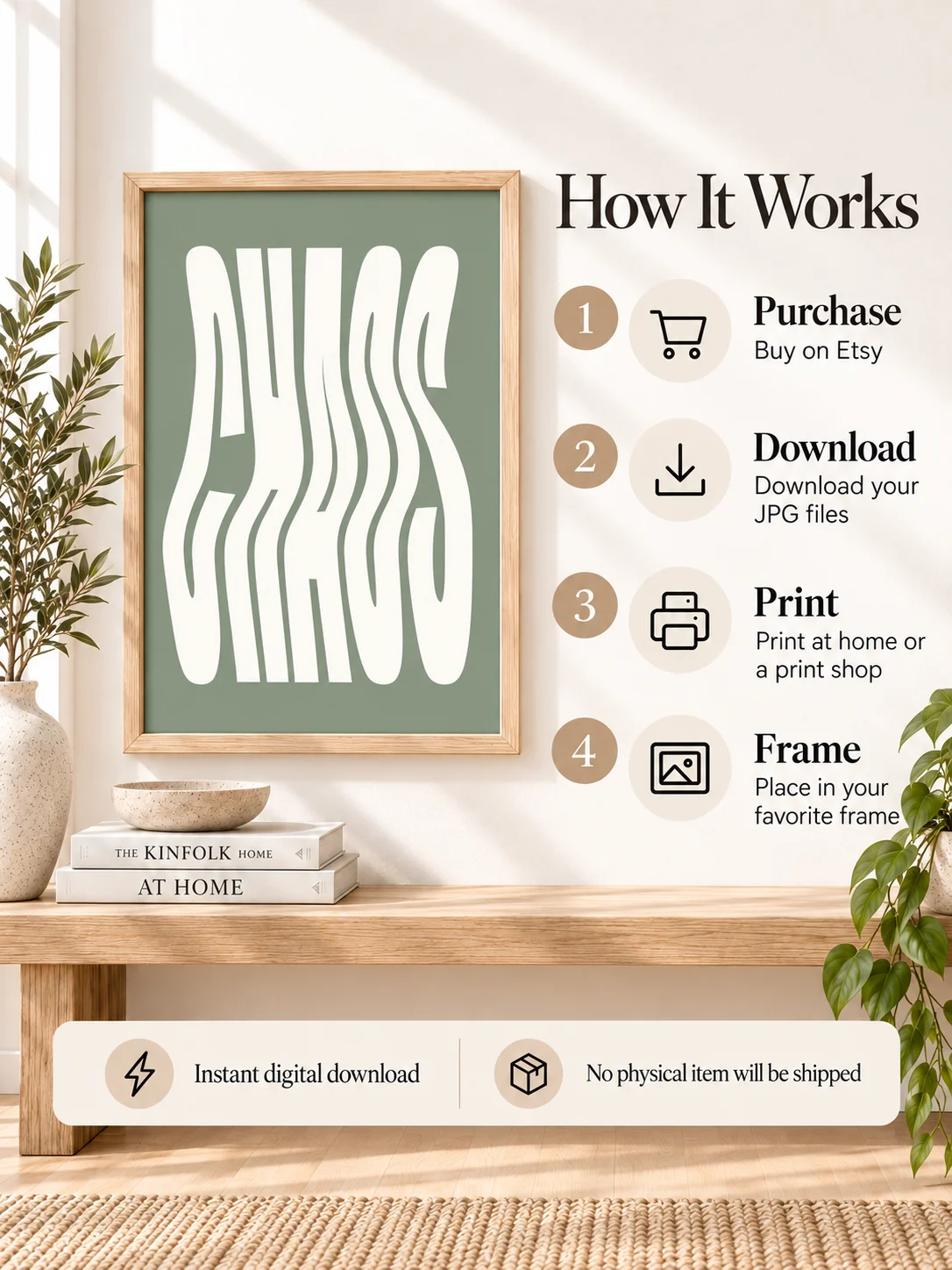 CHAOS Wavy Typography Print, Sage Green Retro Poster, Groovy 70s Wall Art, Psychedelic Minimalist Digital Download, Dorm Decor product image (4)