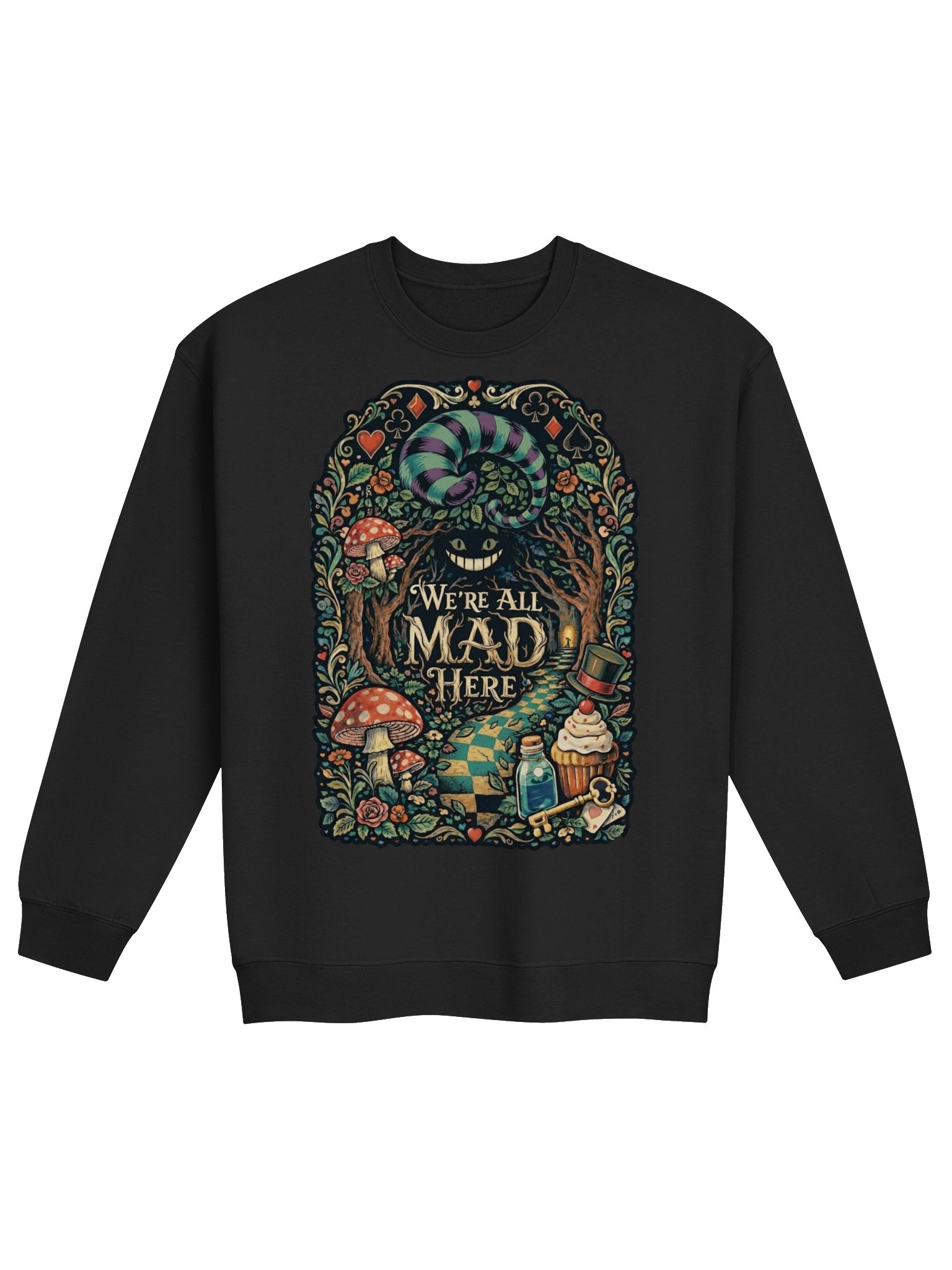 We’re All Mad Here Sweatshirt, Psychedelic Wonderland Cheshire Cat Crewneck product image (3)