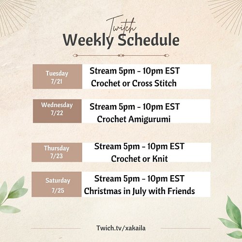 My Twitch Schedule this week! Saturday will be a special stream with friends! I'm super excited. #makersandcrafting #craft #k...