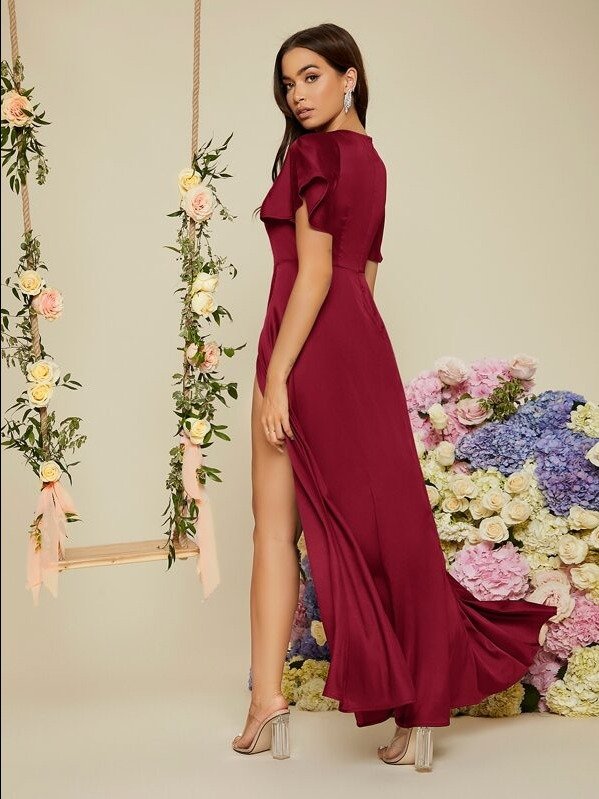 SHEIN Belle Flounce Sleeve Wrap Hem Satin Bridesmaid Dress Black Elegant Formal Evening Prom Wedding Guest Gown, For Graduation, Dinner Party Dress product image (2)