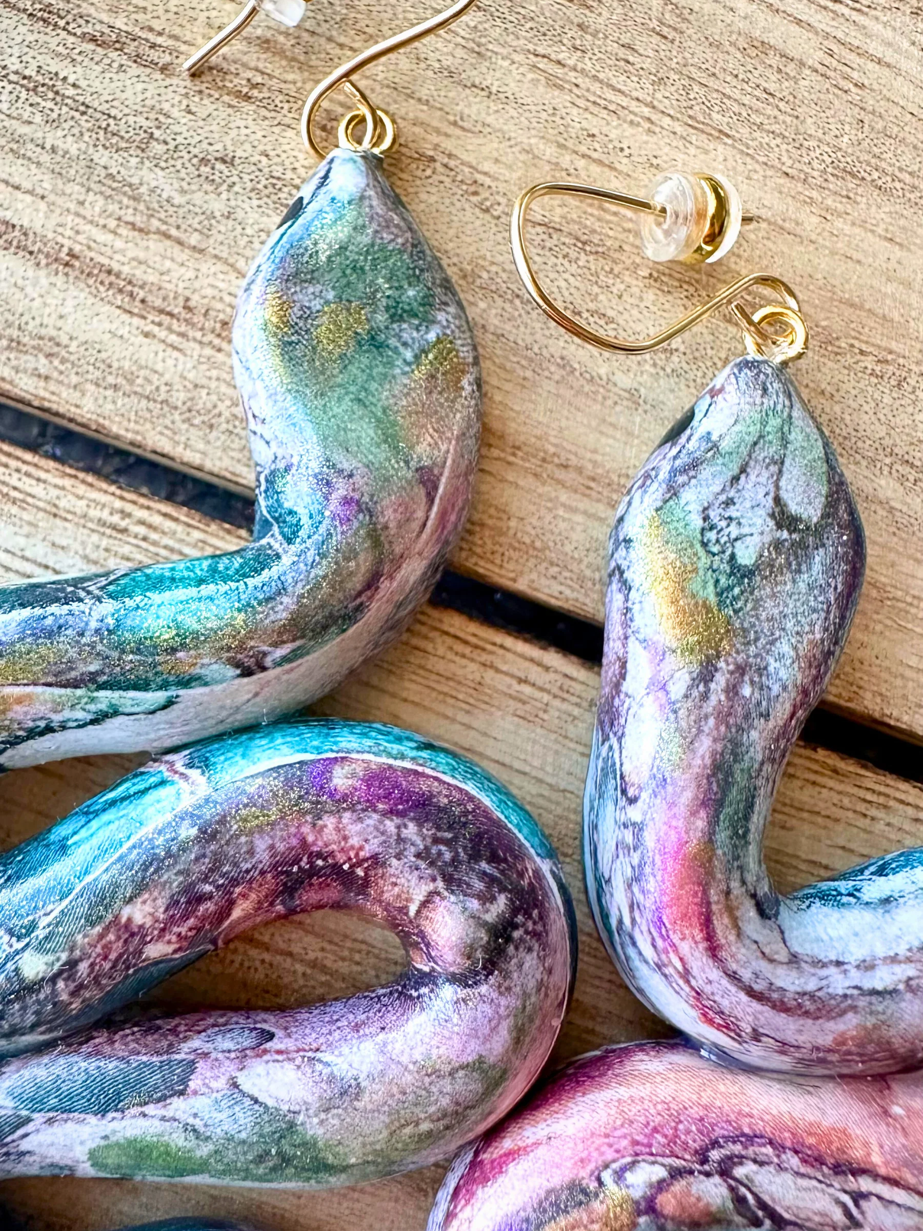 Galaxy Serpent Statement Earrings – Iridescent Blue Handmade Clay Dangles product image (5)