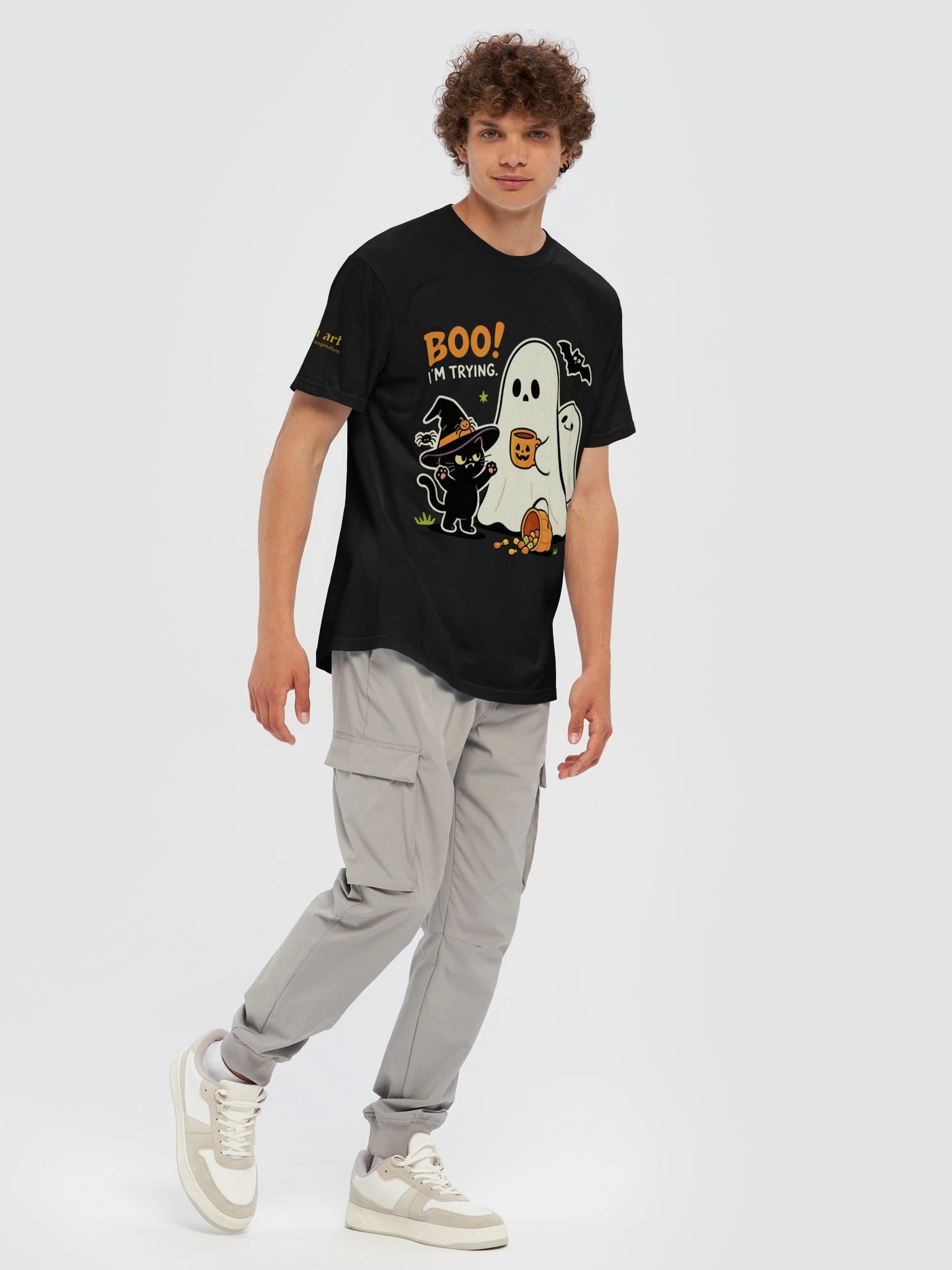 Boo I'm Trying Funny Halloween Cat & Ghost T-Shirt Design product image (64)