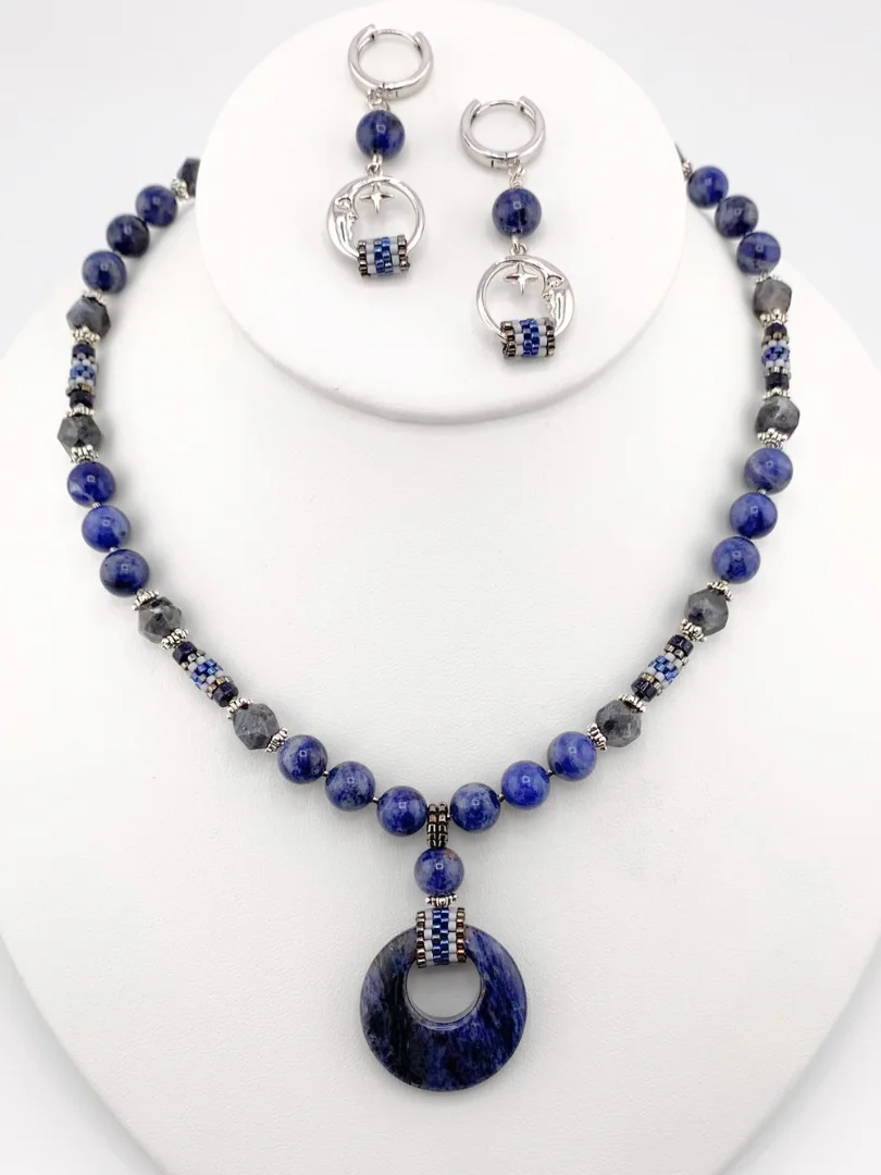 Sodalite and Larvikite Beaded Pendant Necklace Set product image (1)