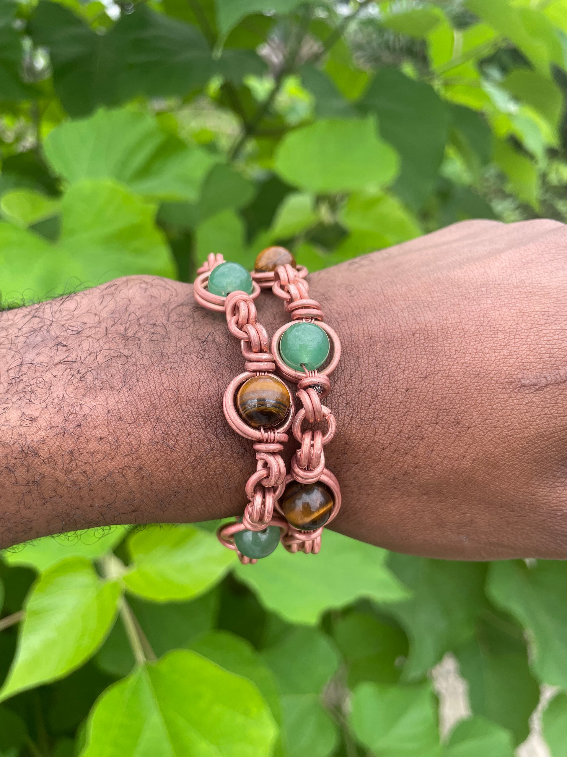 Handcrafted copper bracelet with Tiger Eye and and Green Aventurine gemstone product image (3)