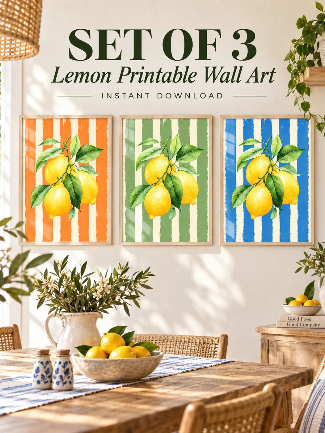 Lemon Wall Art Set | Citrus Kitchen Decor | Mediterranean Printable Posters | Orange Blue Sage Botanical Trio Download product image (1)
