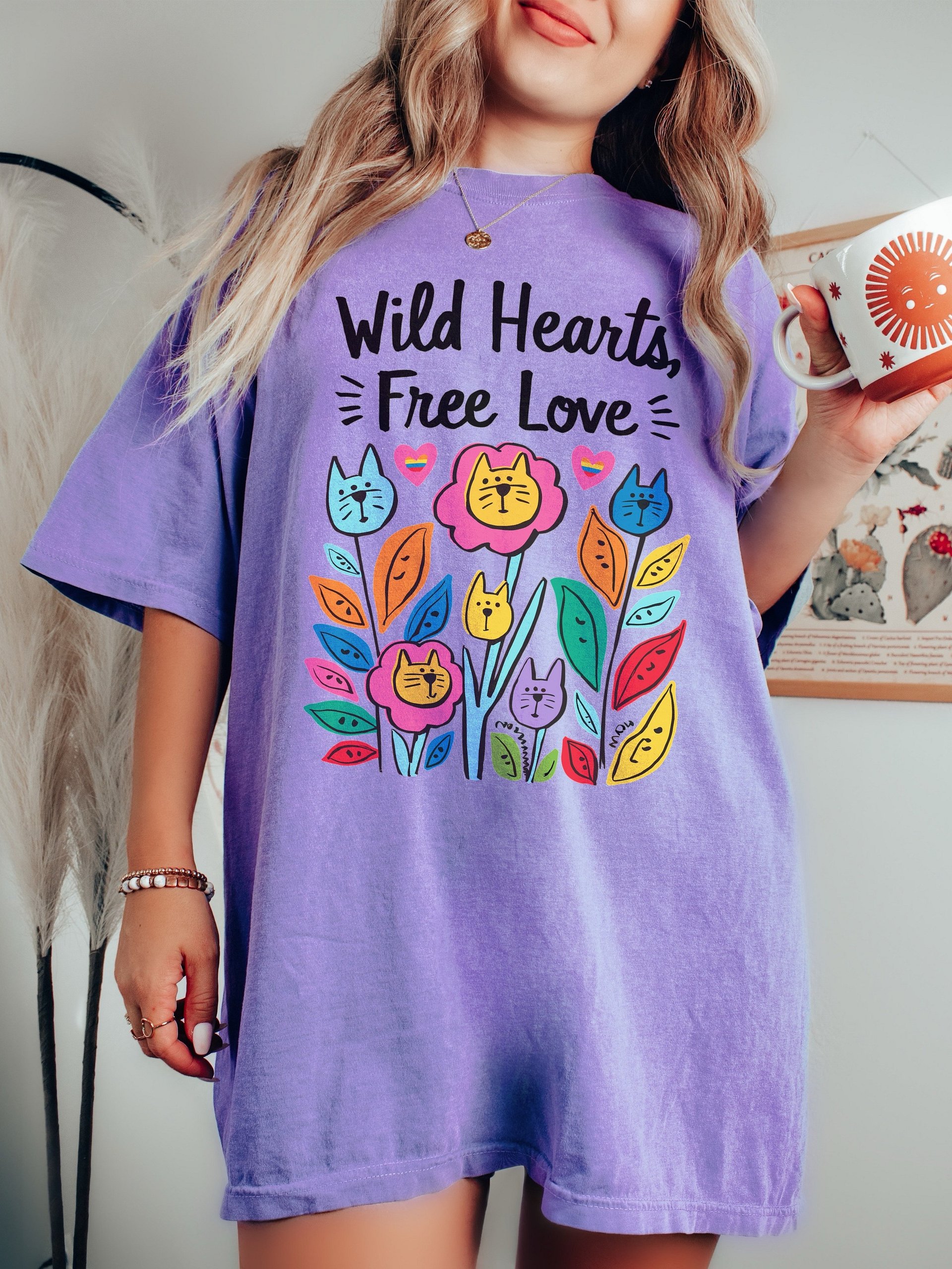 Gay Pride T-Shirt Wild Hearts Free Love, Colorful Cat Lover Tee, Love Is Love Shirt, LGBTQ+ Ally Gift, Whimsical Floral Pride Apparel product image (7)
