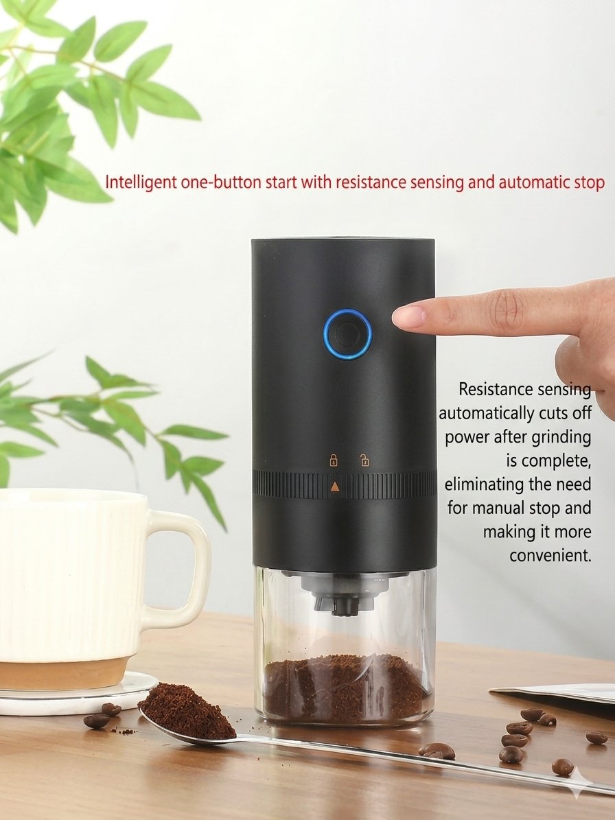 Portable electric coffee grinder with ceramic burr, adjustable grind settings, and USB rechargeable battery. Compact design ideal for espresso, pour-over, French press, travel, and home brewing. product image (5)