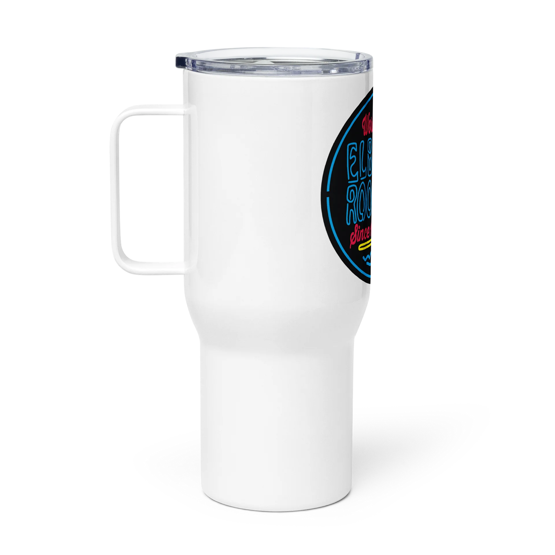 Elbo Room World Famous Neon Flamingo Travel Tumbler with Handle | White product image (1)