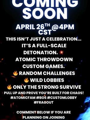 This isn’t just a celebration... It’s a full-scale DETONATION. 💥 Atomic Throwdown custom games. 🔥 Random challenges 🔥 Wild lobbies 🔥 Only the strong survive Pull up and prove you’re built for chaos! #AtomicFam #BO6 #CustomLobby #FragOut