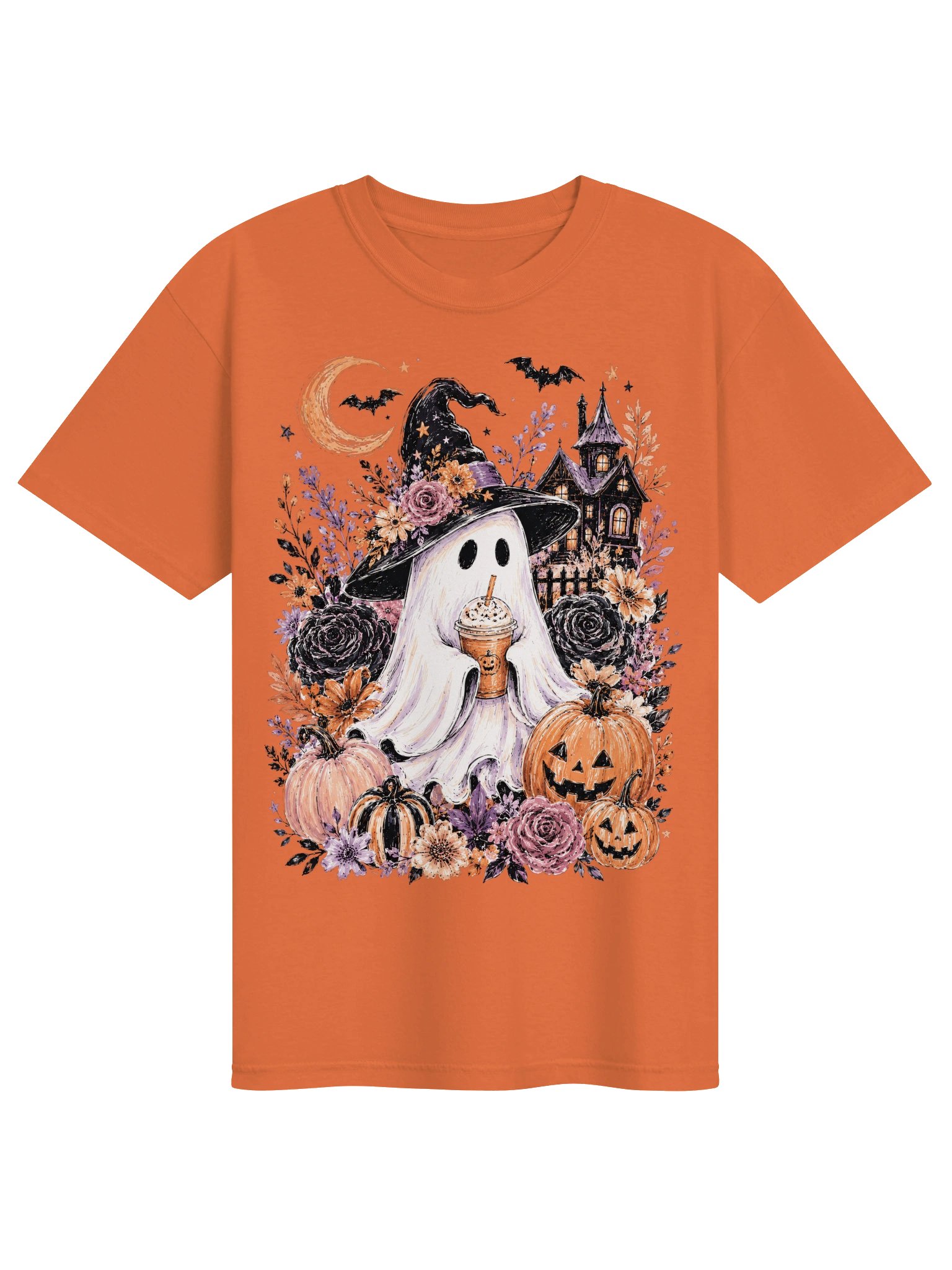 Witch Ghost Drinking Coffee T-Shirt | Spooky Season Floral Pumpkin Tee | Comfort Colors 1717 product image (3)