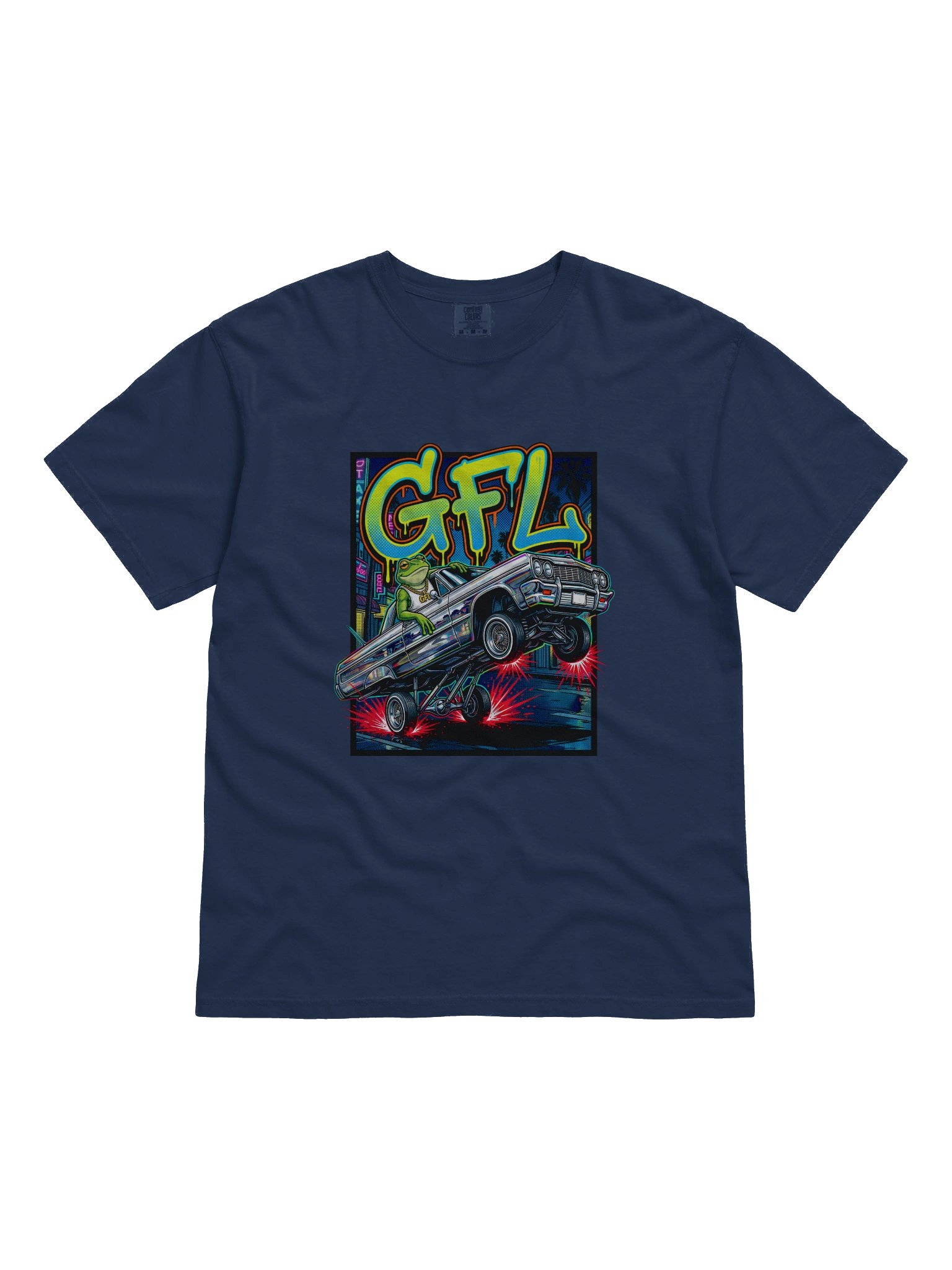 GFL Lowrider Hopper – Neon Chrome Frog Low Low Tee | Green Frog Labs Street Culture product image (21)