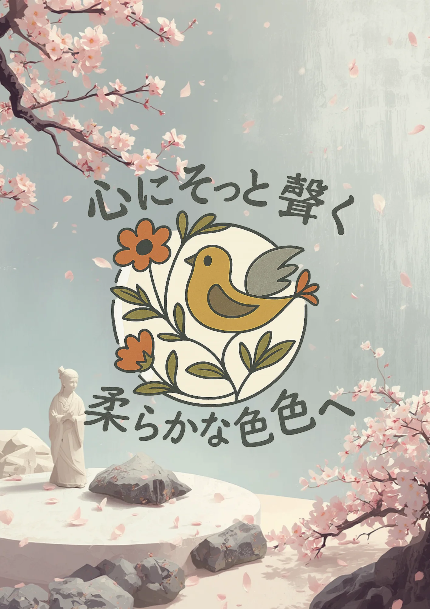 “Gently Resonates” Japanese Bird & Floral Motif T-Shirt – Soft Earthy Colors, Minimalist Nature Art - by M-Art & Design product image (21)