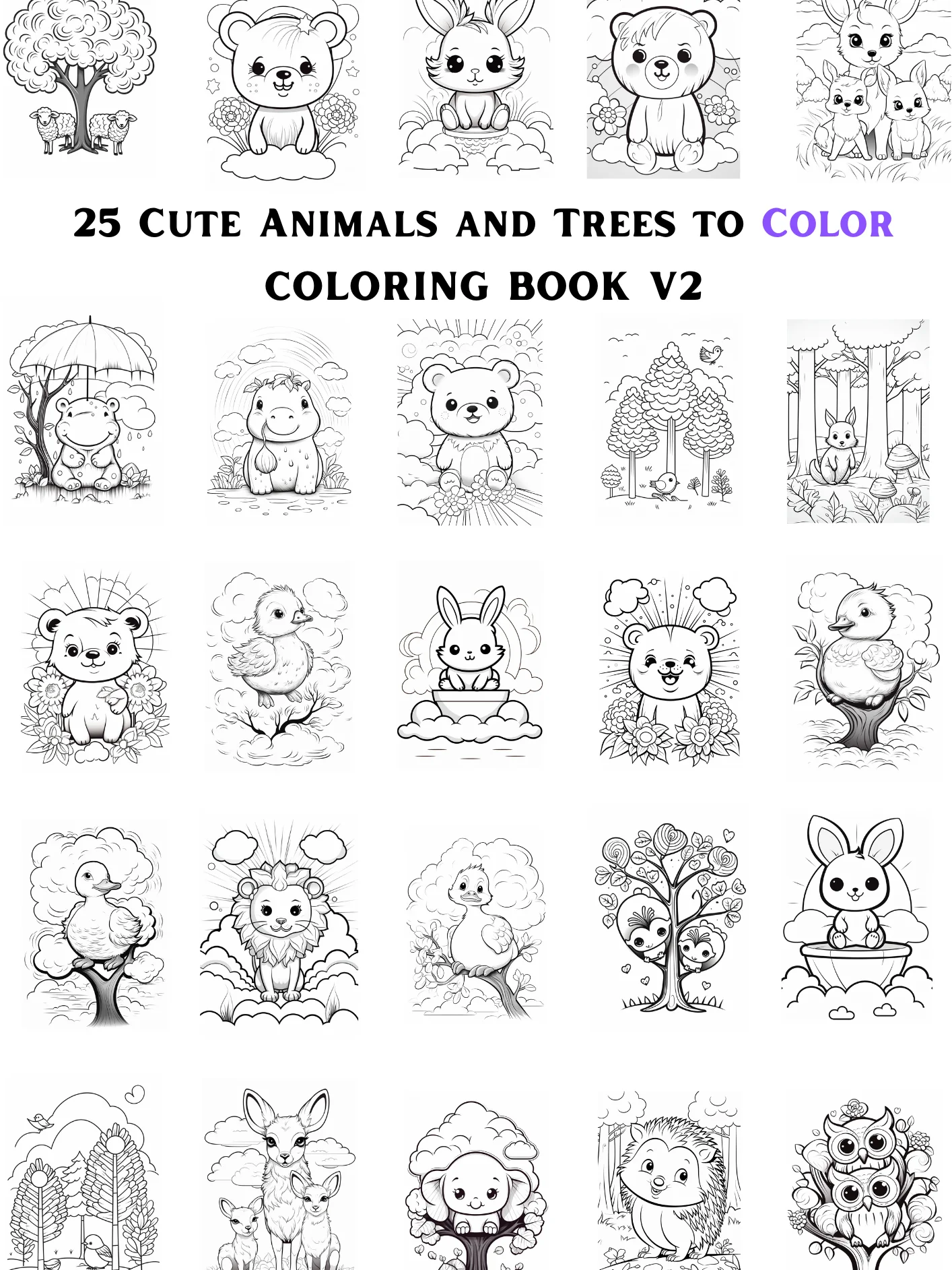 25 CUTE ANIMALS AND TREES TO COLOR 🎨 PRINTABLE ANIMALS COLORING BOOK V2🖍 product image (1)