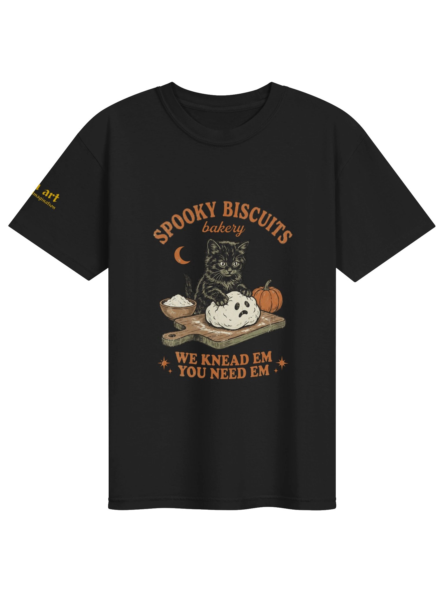 Spooky Biscuits Bakery T-Shirt | Cute Black Cat Kneading Dough Baker Graphic Tee product image (4)