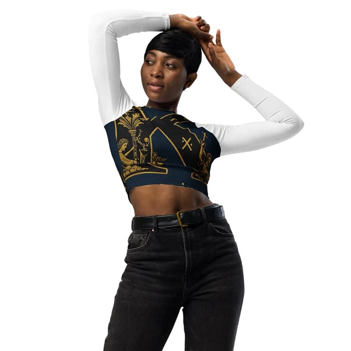 K as in kleptocracy all-over print recycled long sleeve crop top by dark alphabet product image (1)