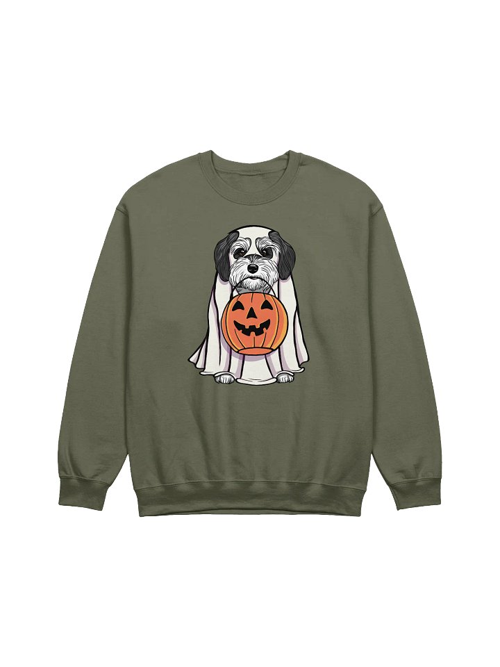 Funny Halloween Havanese(Black & White) Sweatshirt | Funny Havanese Wearing a Ghost Costume and Holding a Pumpkin Basket product image (1)