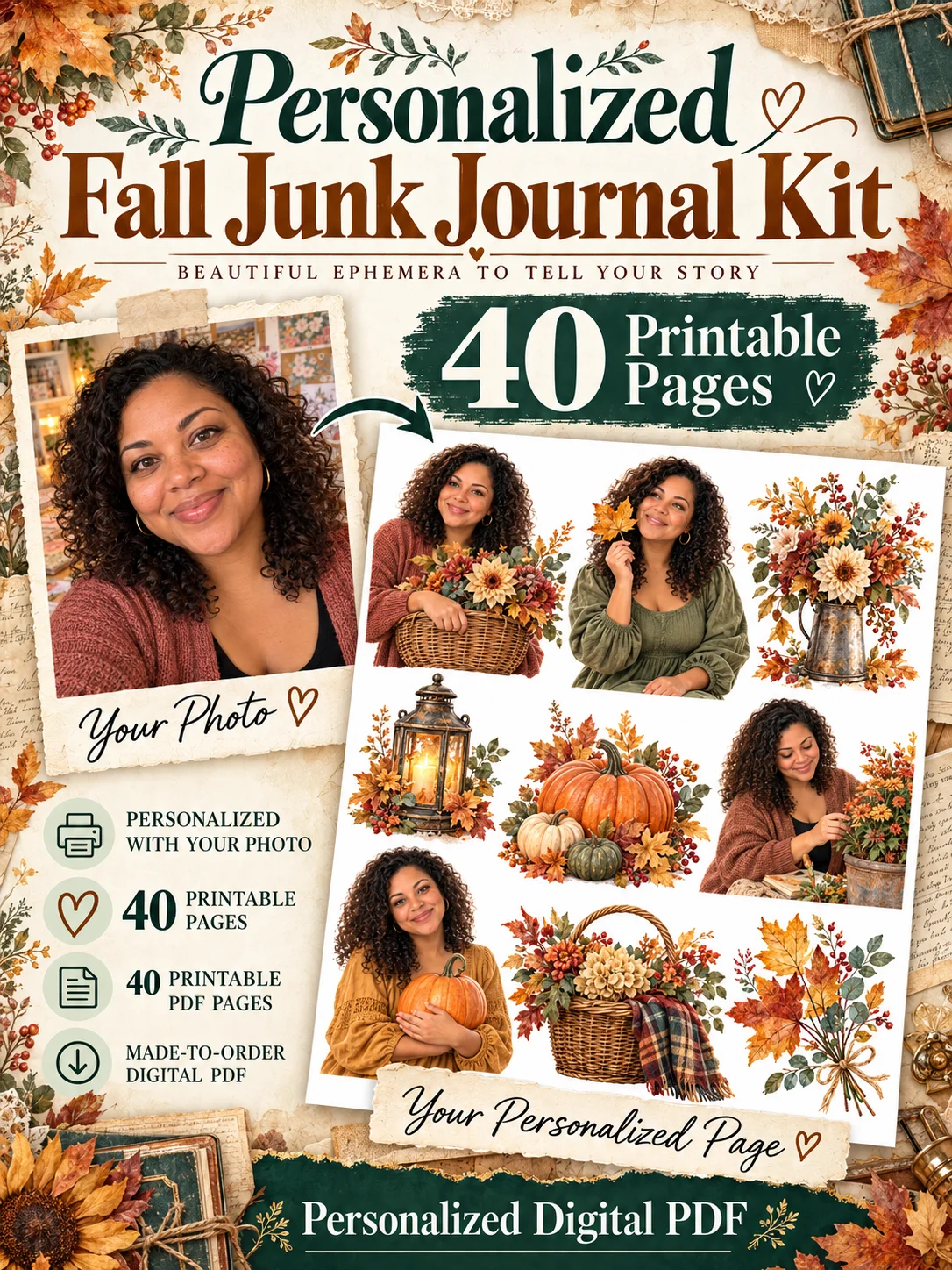 Personalized Fall Ephemera for Junk Journals: 40 Printable PDF Pages of Vintage Autumn Scenes, Cozy Decor, Pumpkins, Clothes & Woodland Animals for Scrapbooking, Collage, Mixed Media and Decoupage product image (1)
