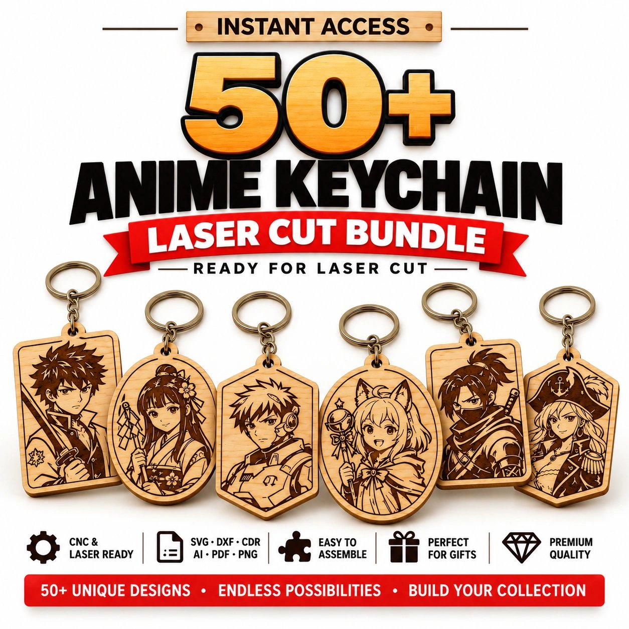 50+ Anime Laser Cut Keychain Bundle | Fantasy Character Cutting & Engraving Designs product image (1)