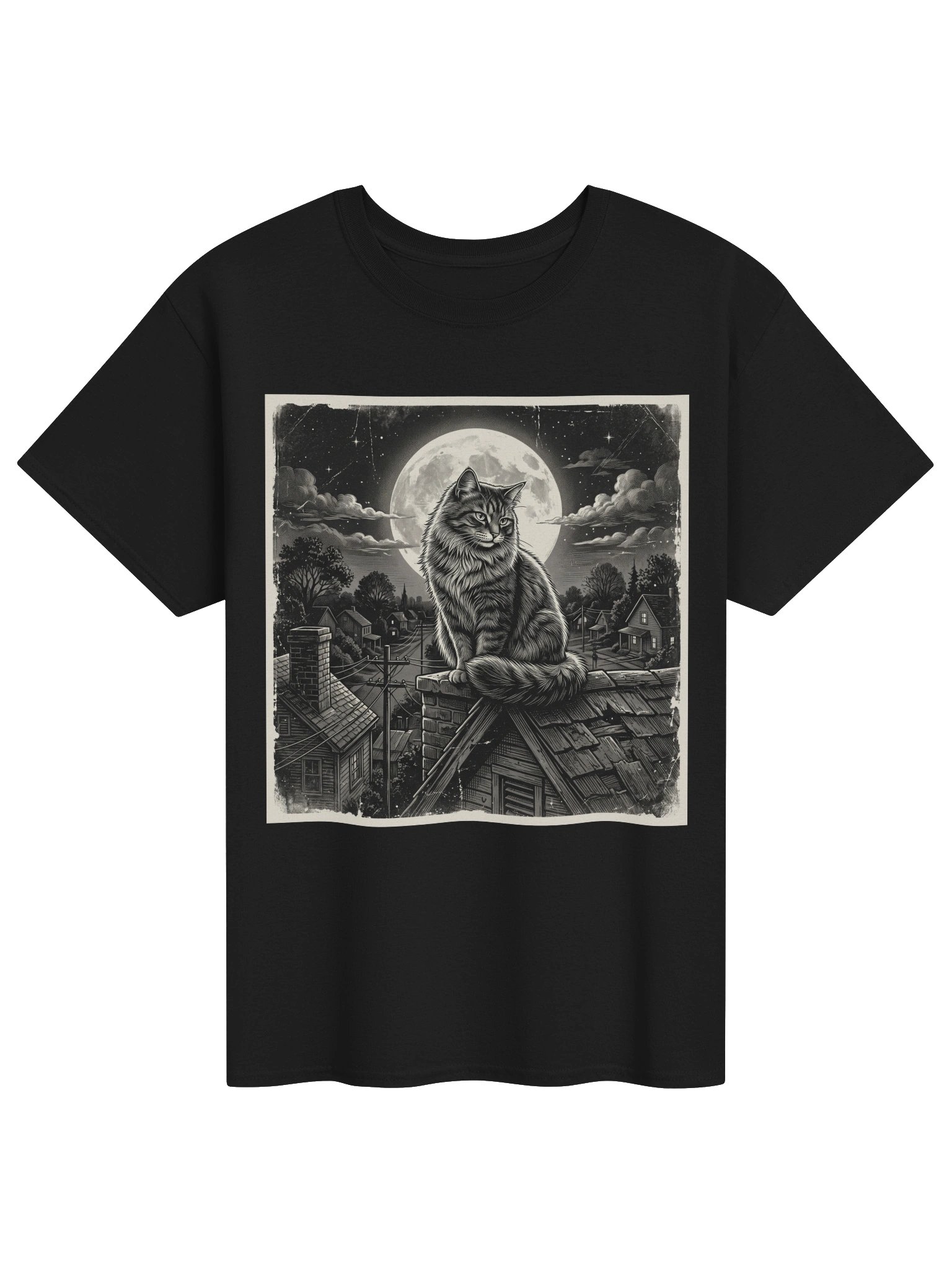 Vintage Cat on Rooftop Full Moon Graphic T-Shirt | Pets Lovers Tee product image (1)