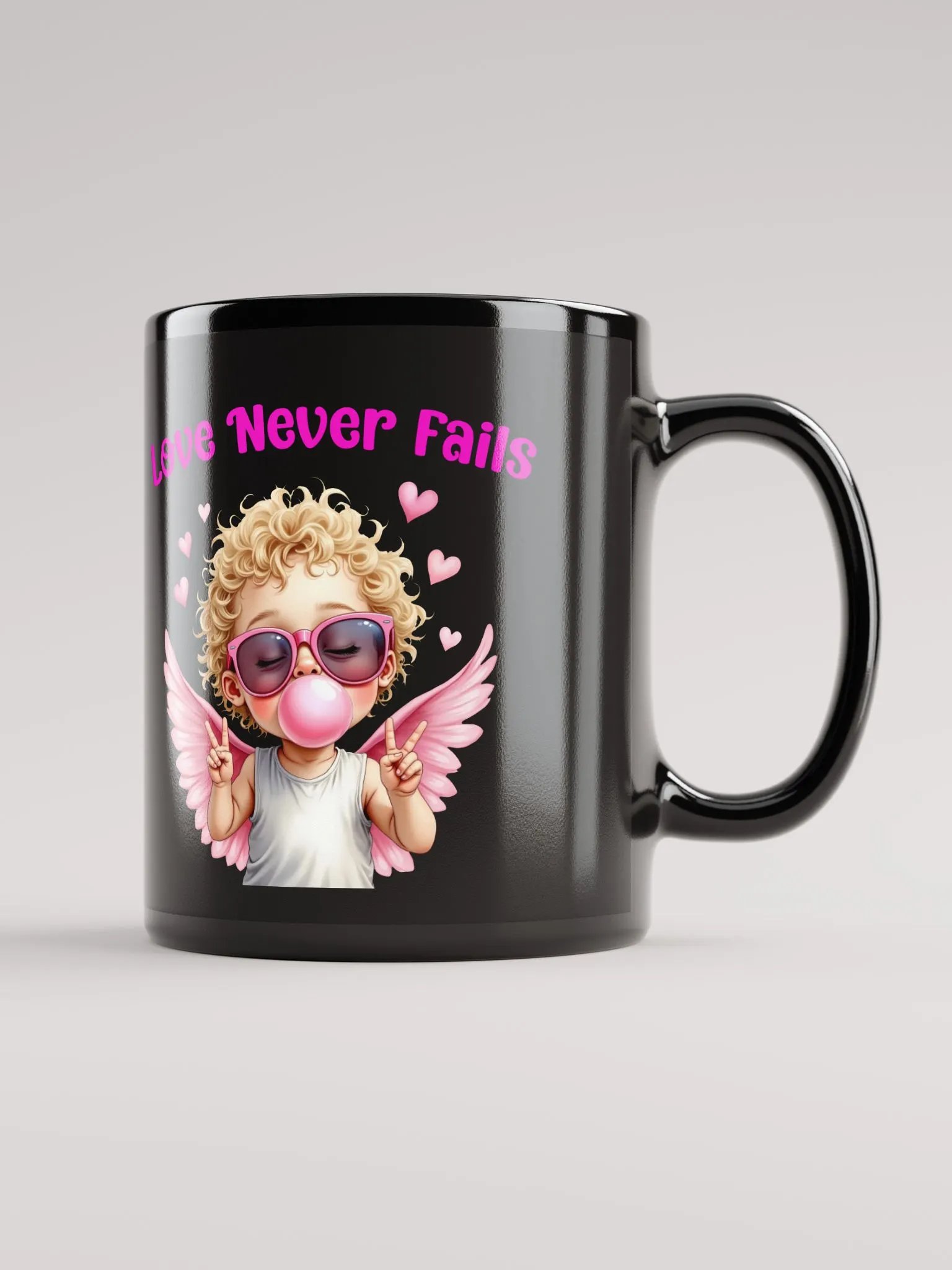 Love Never Fails Valentine Retro Cupid Valentine's Day Black Glossy Mug product image (3)