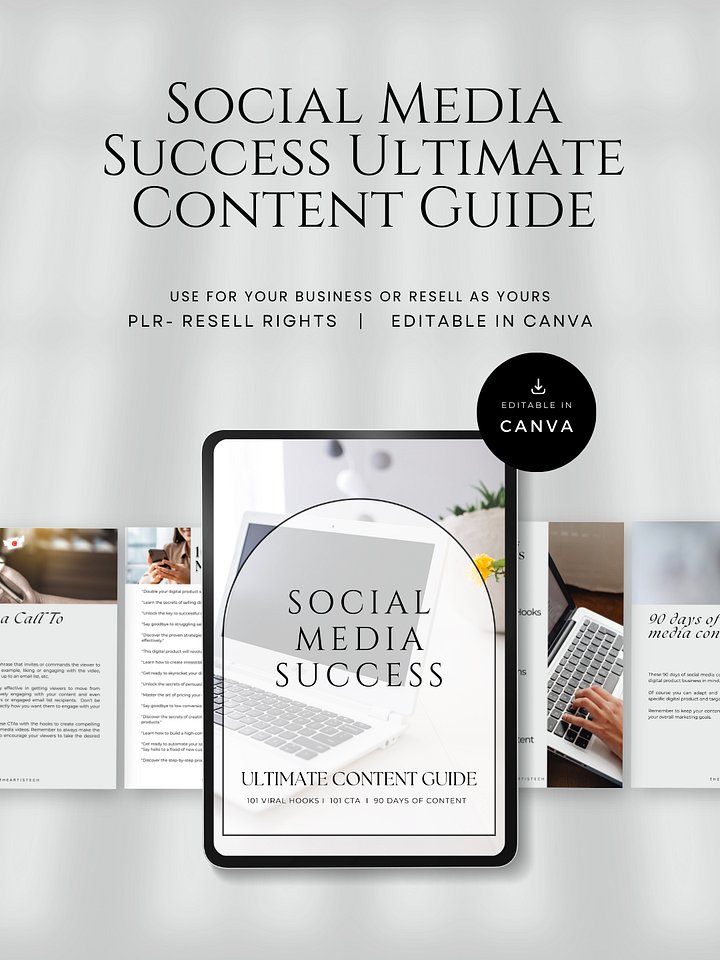 Social Media Success Ultimate Content Guide – 101 Hooks, 101 CTAs, 90 Days of Content | PLR product image (1)
