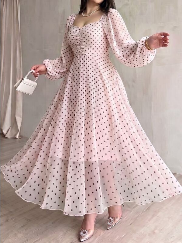Modelyn Spring/Autumn Polka Dot Cinched Cinched Waist Elegant Fashionable Flared Long Dress Brunch Tea Party Light Pink product image (6)