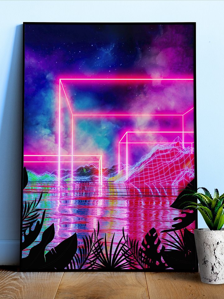 Neon palms landscape: Cube [synthwave/vaporwave/cyberpunk] — Aesthetic retrowave poster product image (1)