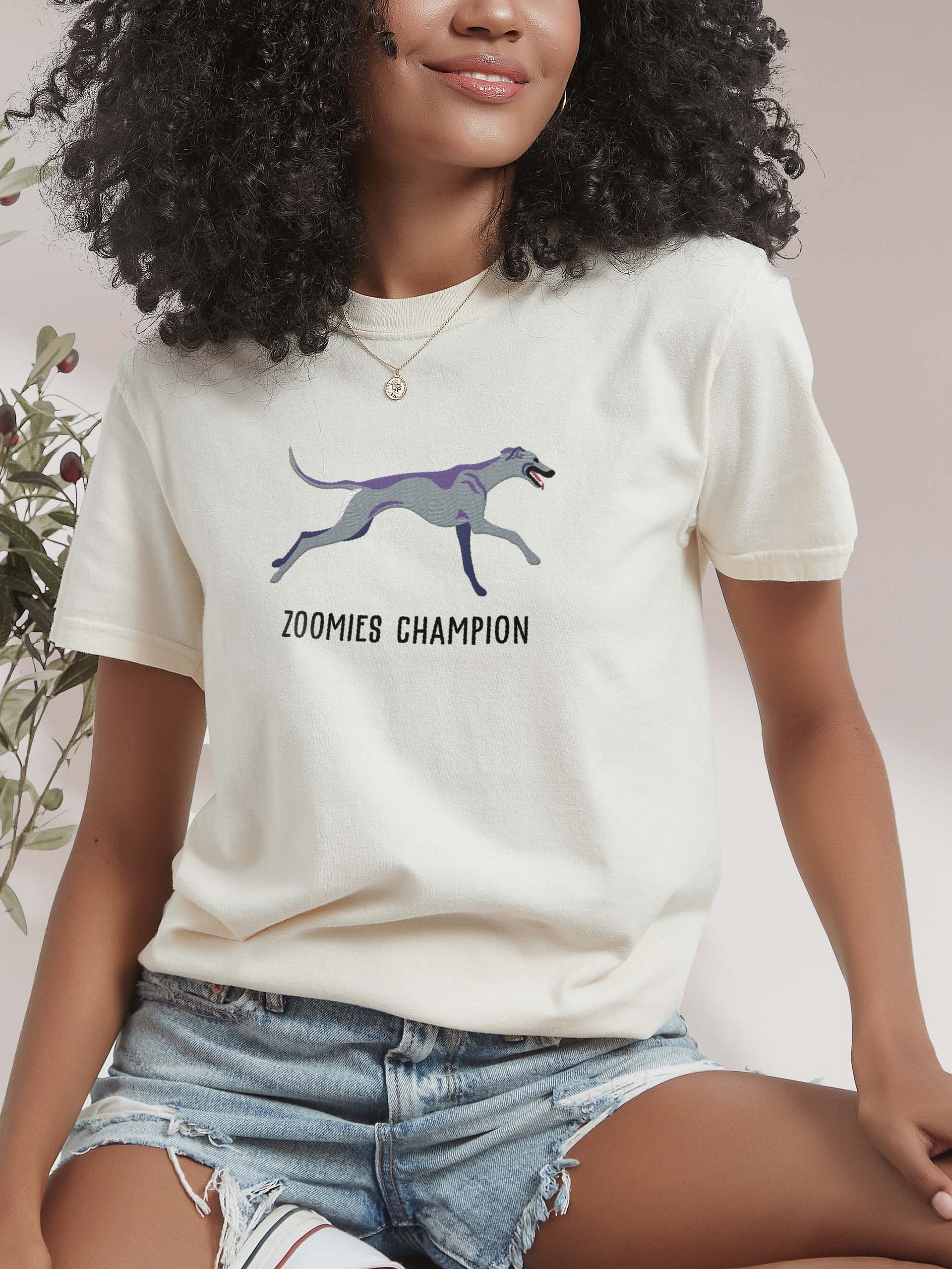Zoomies Champion T-Shirt(Embroidered) of a Greyhound(Blue) product image (2)