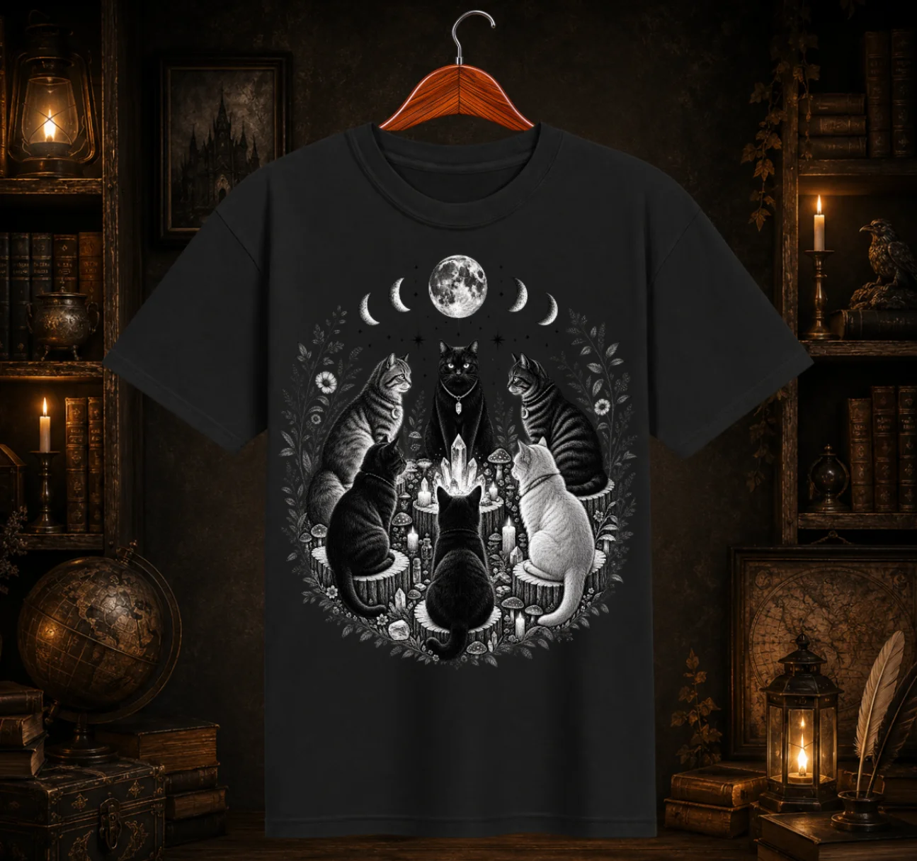 Celestial Cat Coven Graphic T-Shirt | Witchy Moon Phase Cat Graphic Tee product image (1)