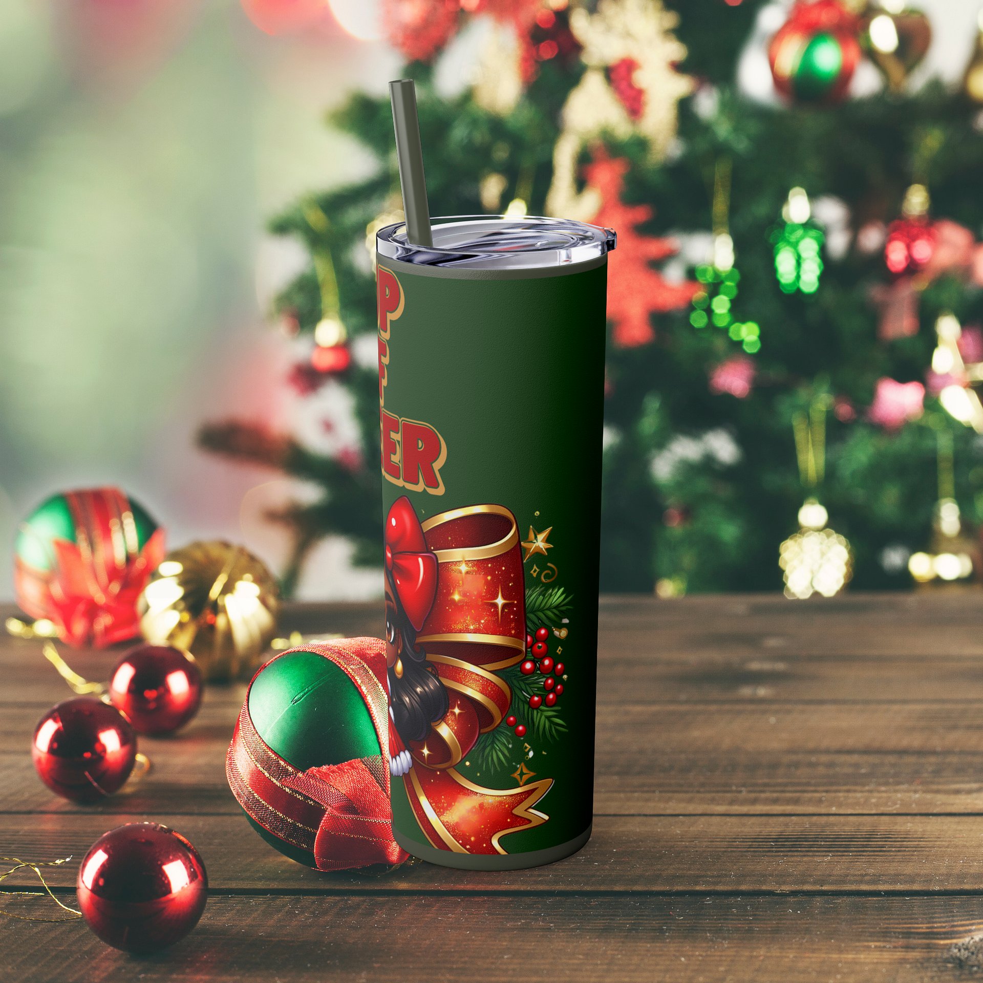 Cup of Cheer Design, Christmas Tumbler Wrap Digital Download, Brown Holiday Doll Art, 20oz Sublimation Design, Festive Holiday Wrap PNG product image (4)