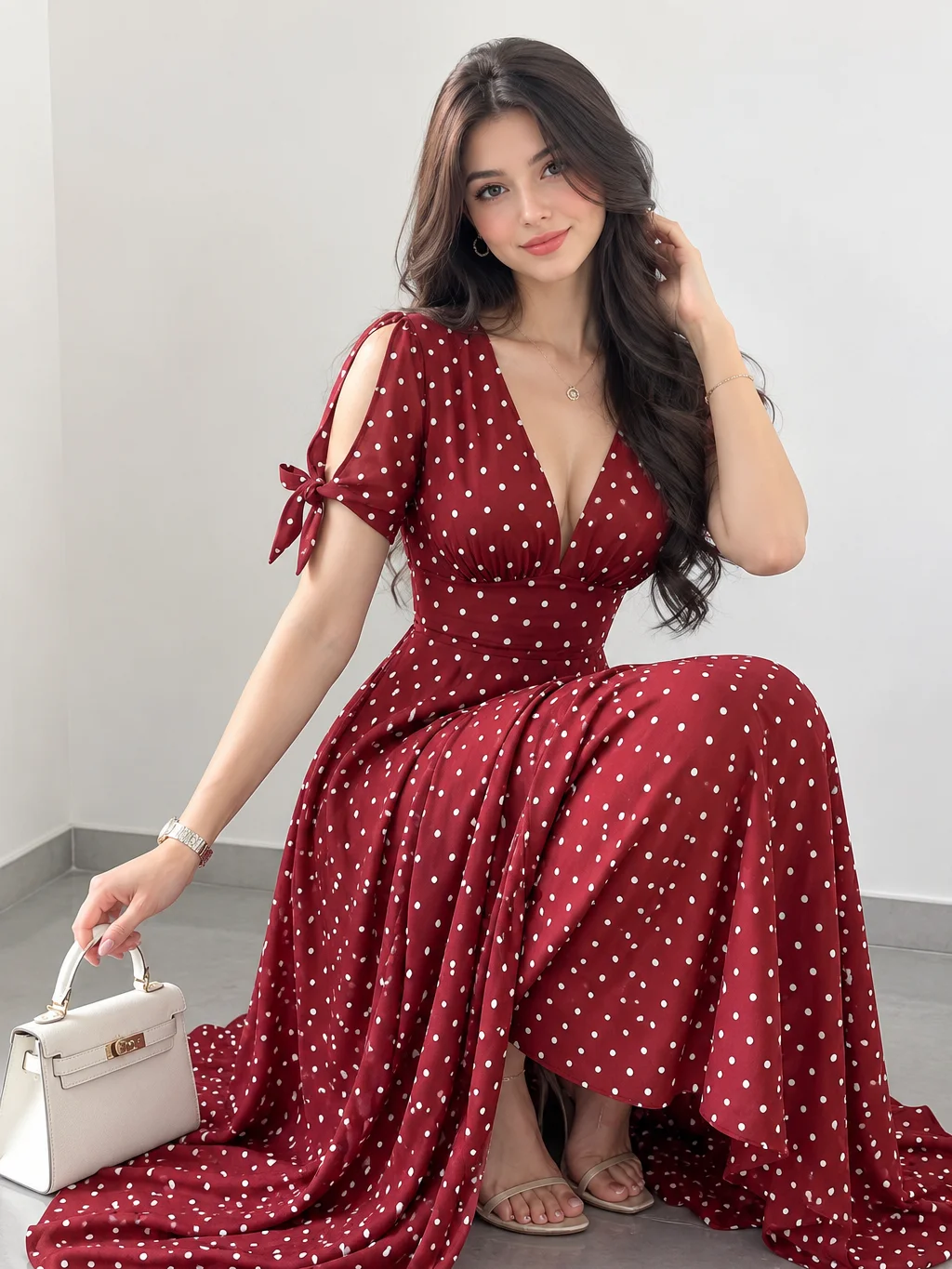 Celisse Women's Deep V-Neck Polka Dot Casual Romantic 1950s Vintage Party Vacation Travel Dress White Polka Dot Summer product image (2)