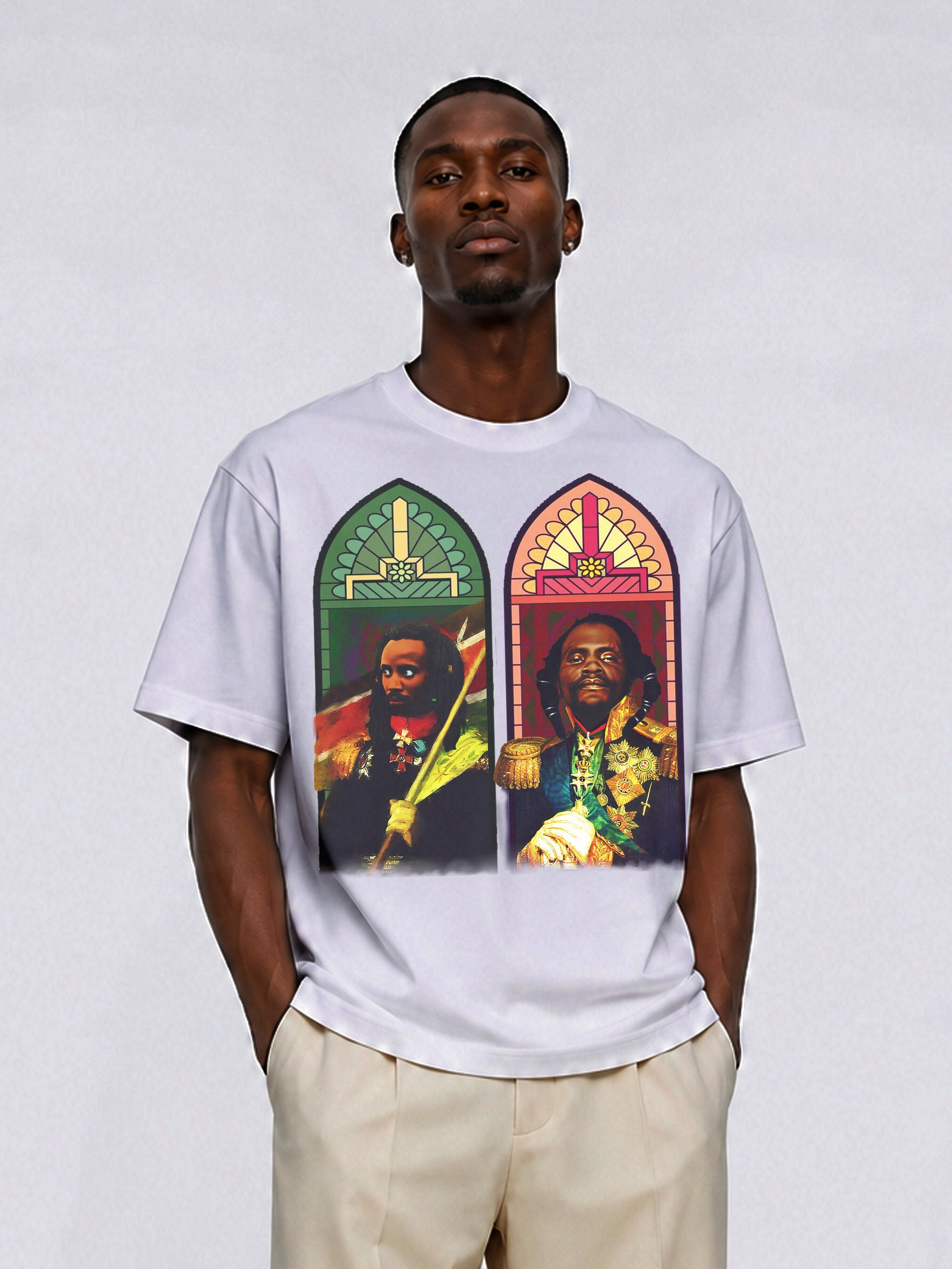 Dedan Kimathi & Musa Mwariama Stained Glass Tee – Mau Mau Freedom Fighters Pan-African Cathedral Art | Kenya History T-Shirt product image (2)
