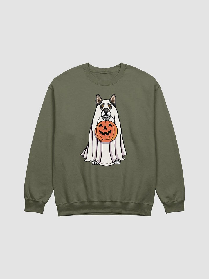 Funny Halloween Shiba Inu(Tricolor) Sweatshirt | Funny Dog Wearing a Ghost Costume and Holding a Pumpkin Basket product image (1)