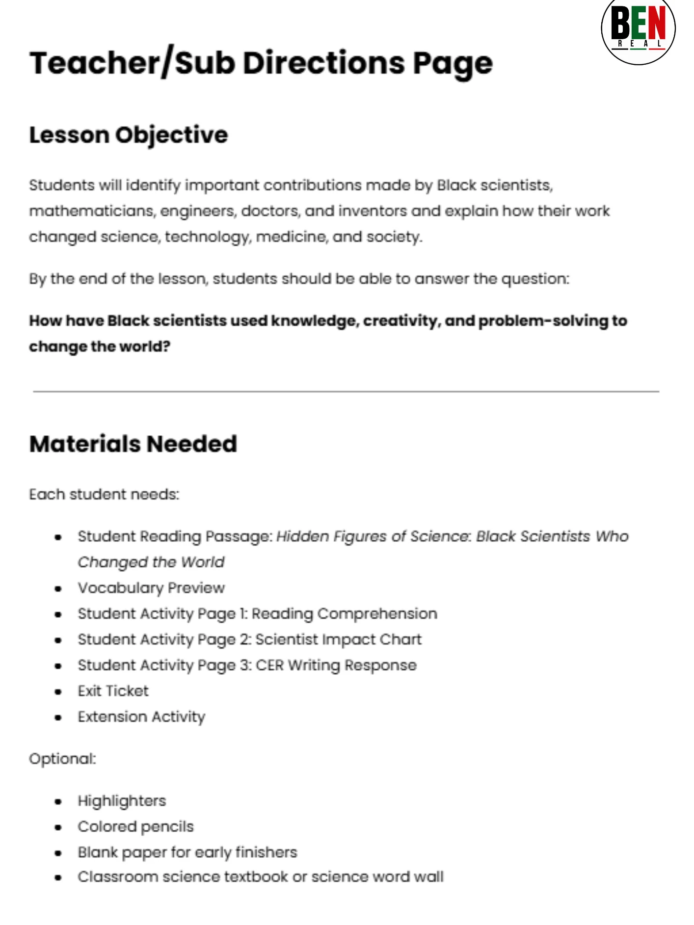 Black History 365 Sub Plan: Hidden Figures of Science | Middle School Science| 60-Minute Lesson product image (3)